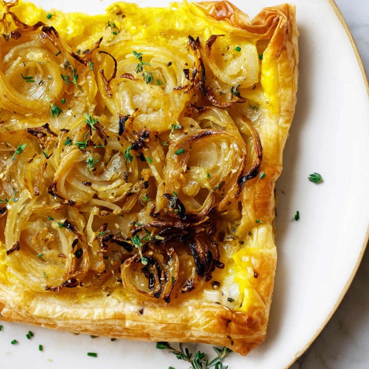 Golden, flaky Caramelized Onion Tart, with bubbling cheese and caramelized onions for a savory appetizer.