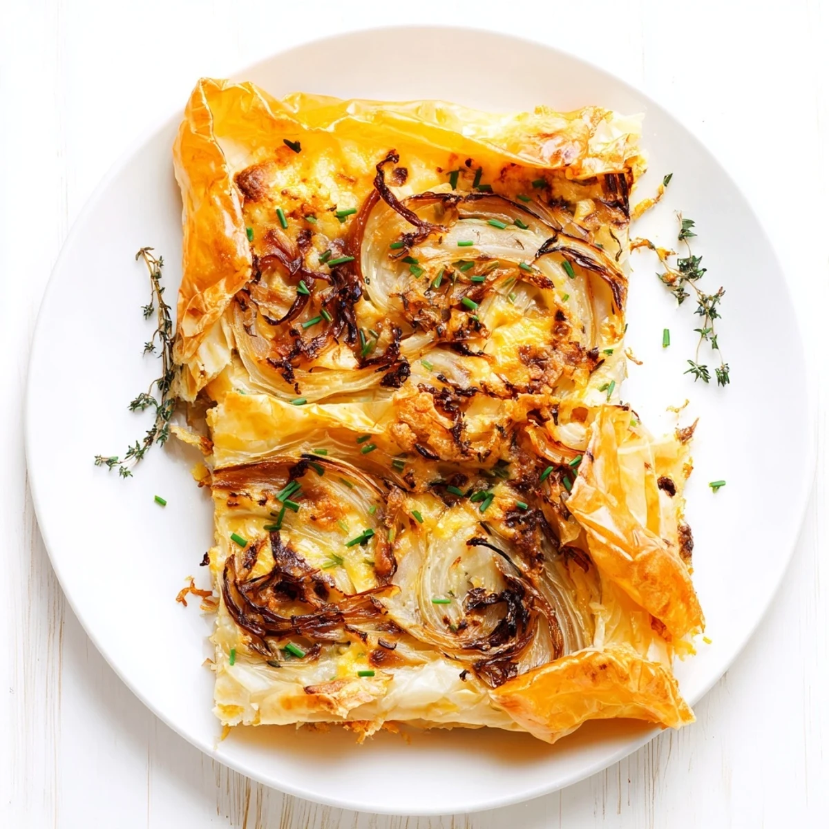 Rustic Caramelized Onion Tart with gently folded pastry encasing sweet, browned onions, ready to serve and enjoy.