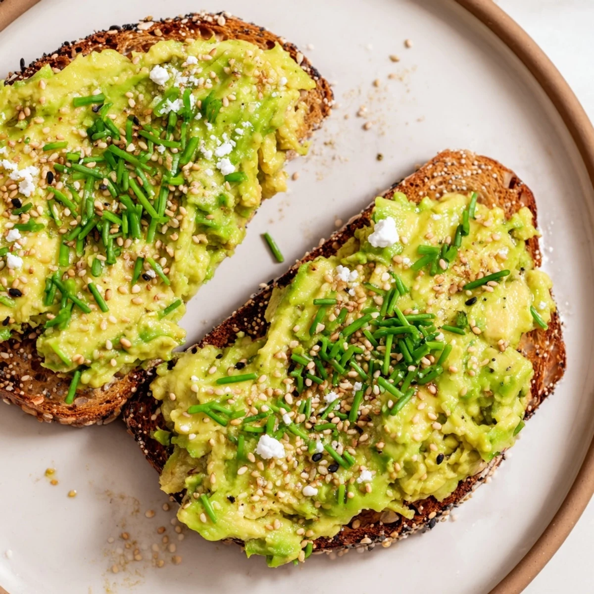 Golden-brown toasted bread piled high with creamy avocado toast and sprinkled everything seasoning.