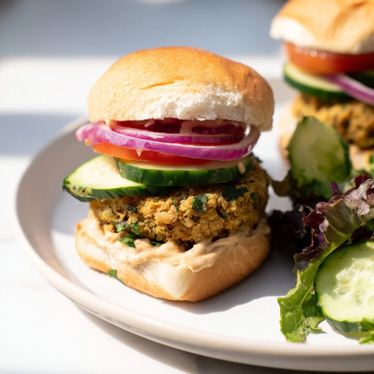 Golden-brown baked falafel sliders, assembled in mini buns, with vibrant vegetables ready to eat.