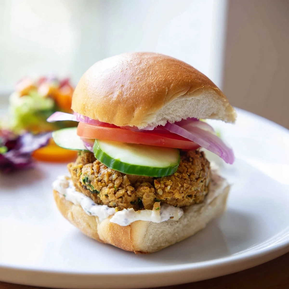 Close-up of freshly baked falafel sliders, showcasing a creamy tahini sauce and flavorful toppings.