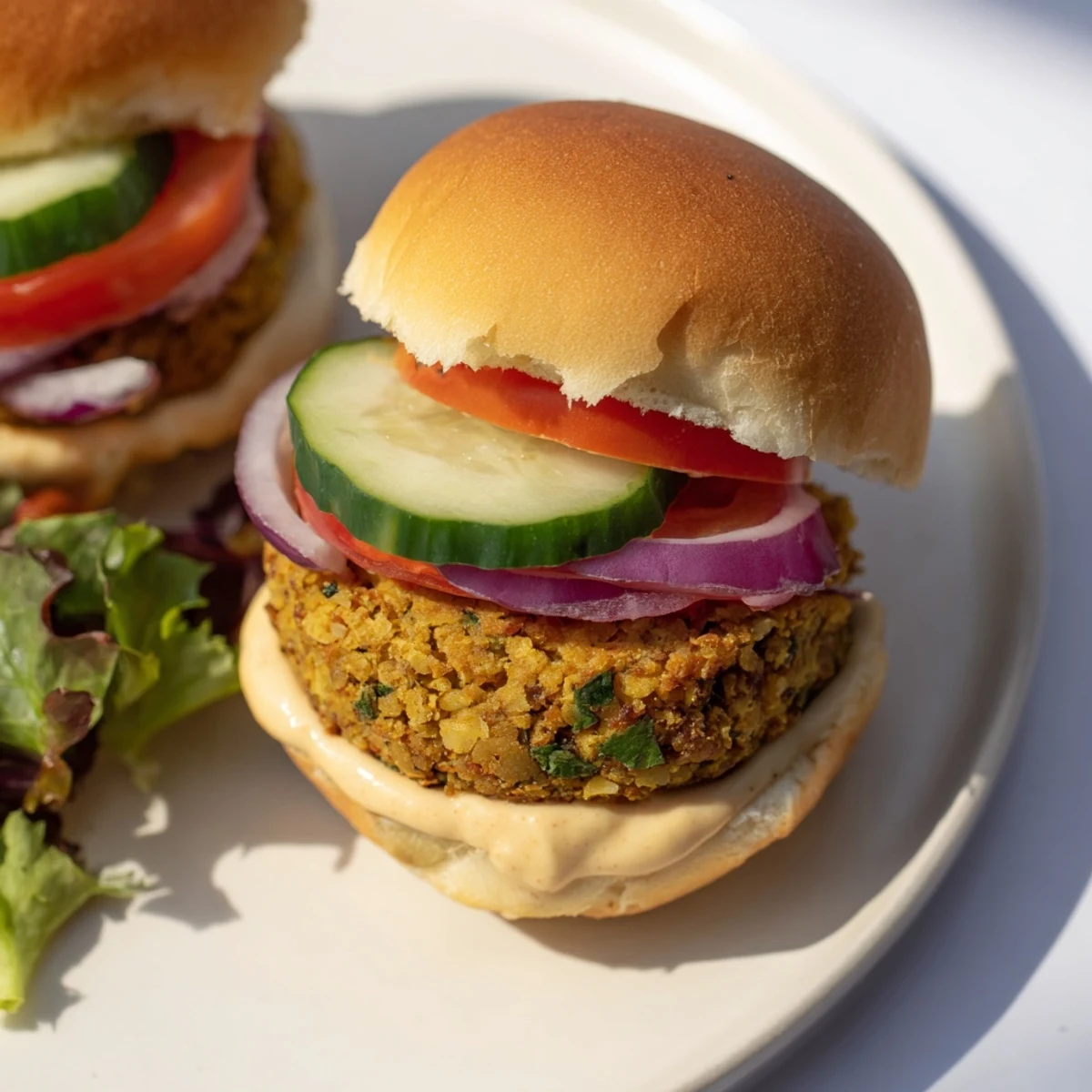 These delicious baked falafel sliders are piled high, ready to enjoy with a variety of fresh ingredients.