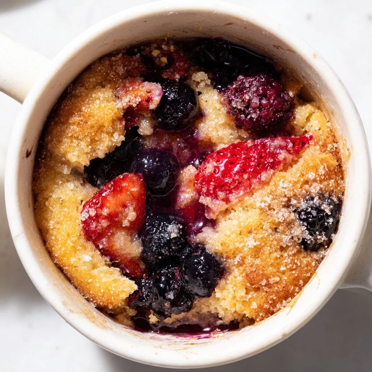 Warm Mixed Berry Cobbler Mug Cake, bubbling in a mug, ready to be enjoyed as a quick dessert.