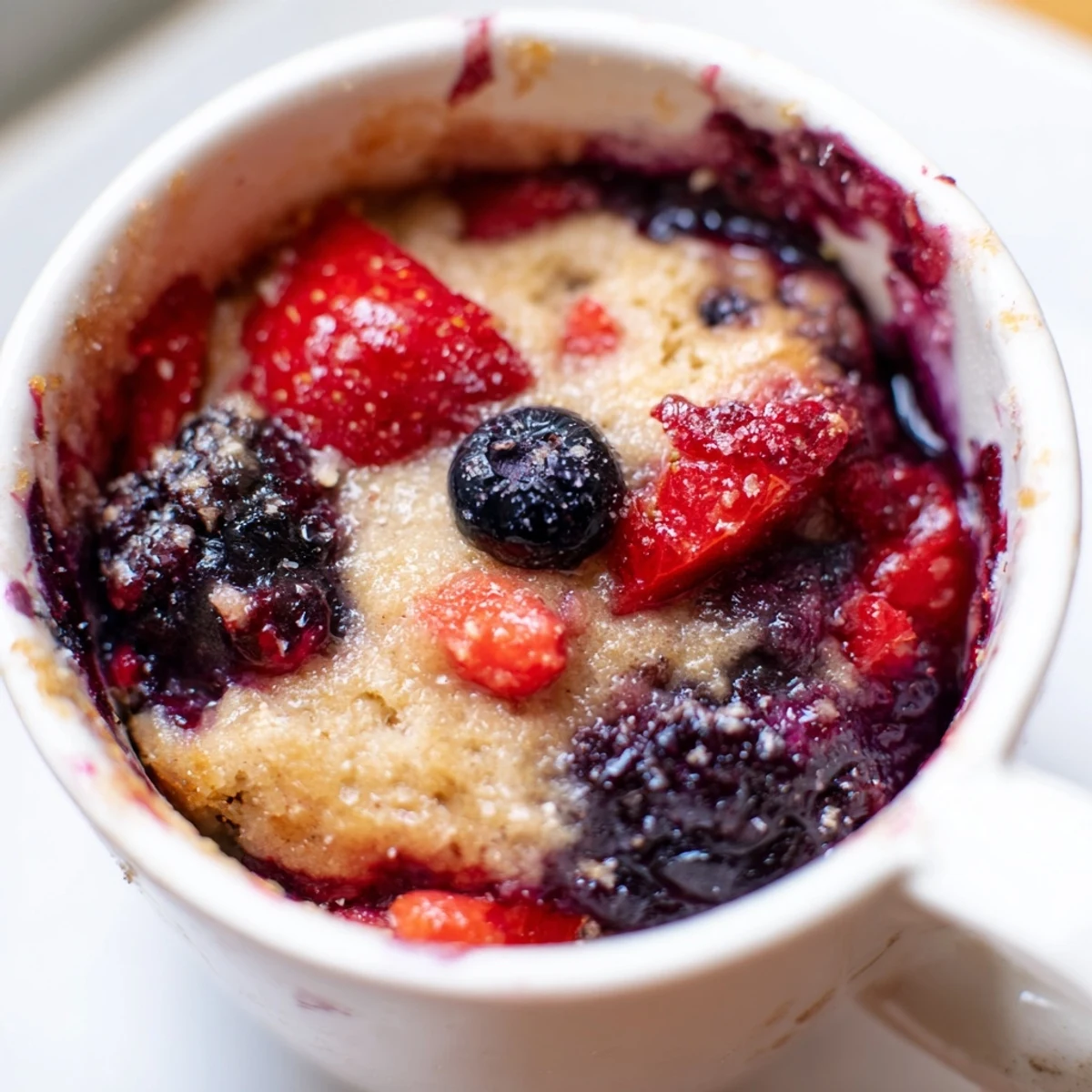 A close-up of a delightful Mixed Berry Cobbler Mug Cake, perfect for a fast, sweet treat.