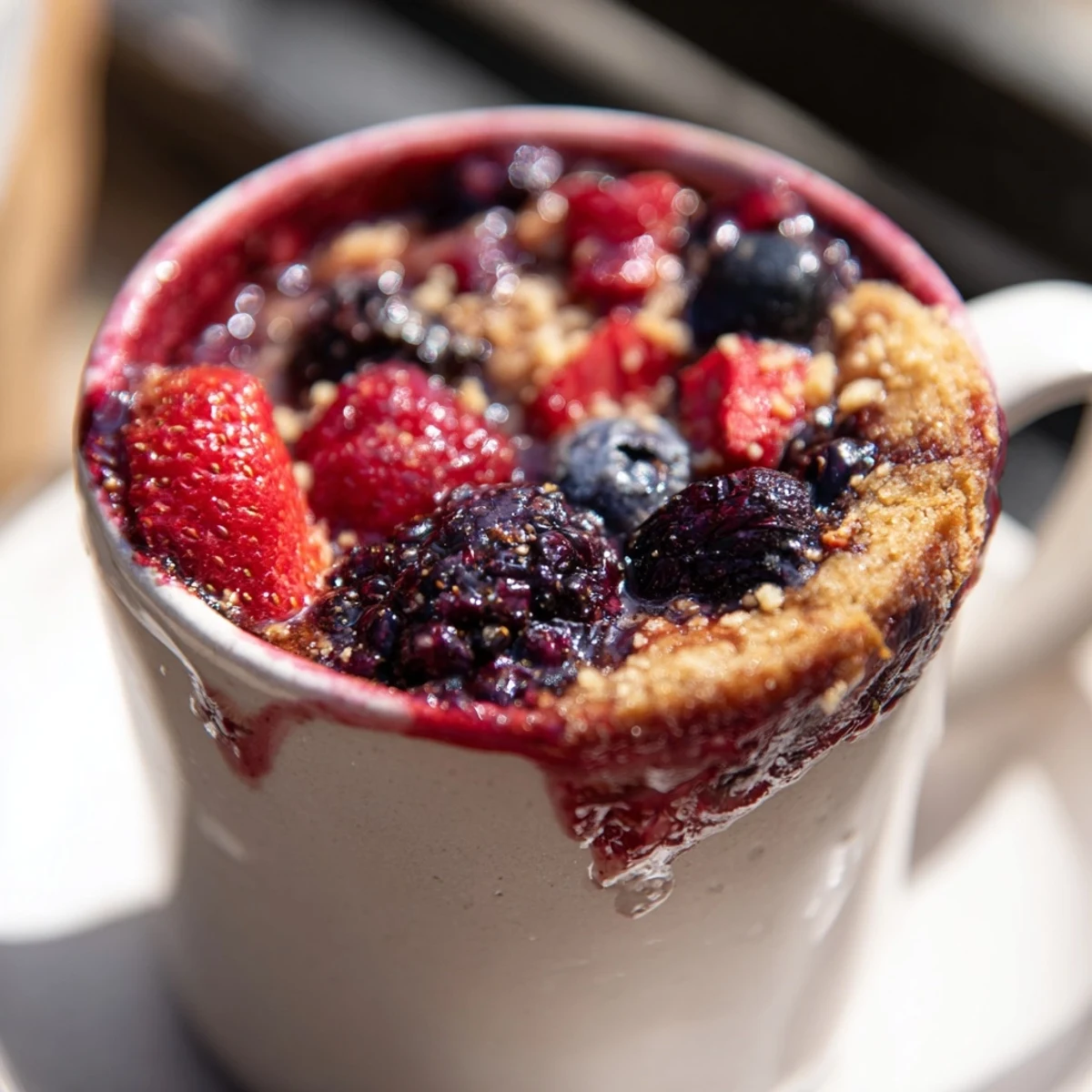 Juicy mixed berries peek from beneath the golden cobbler crust of this easy Mug Cake.