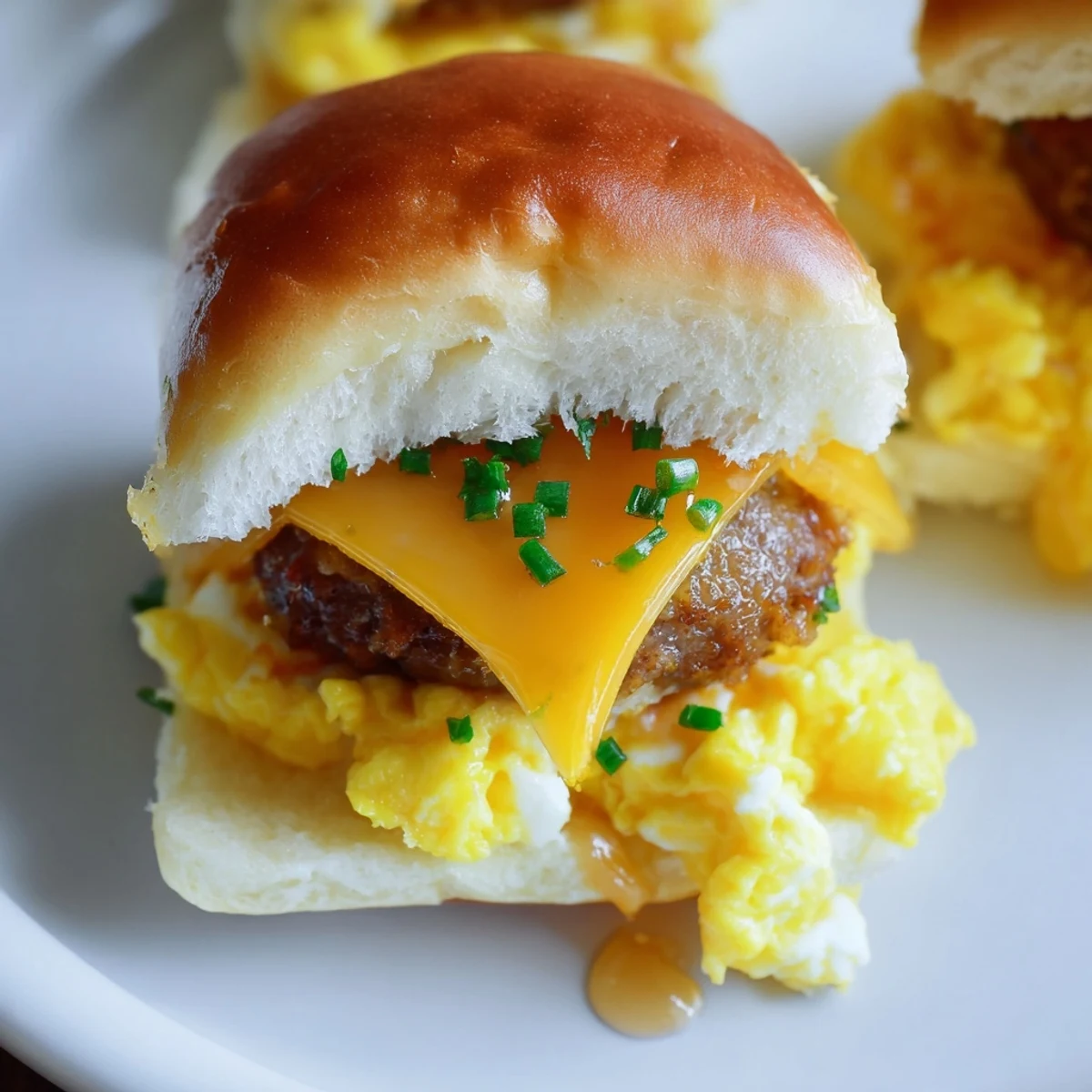Enjoy a taste of perfection with these easy-to-make Mini Breakfast Sliders, topped with fresh chives.
