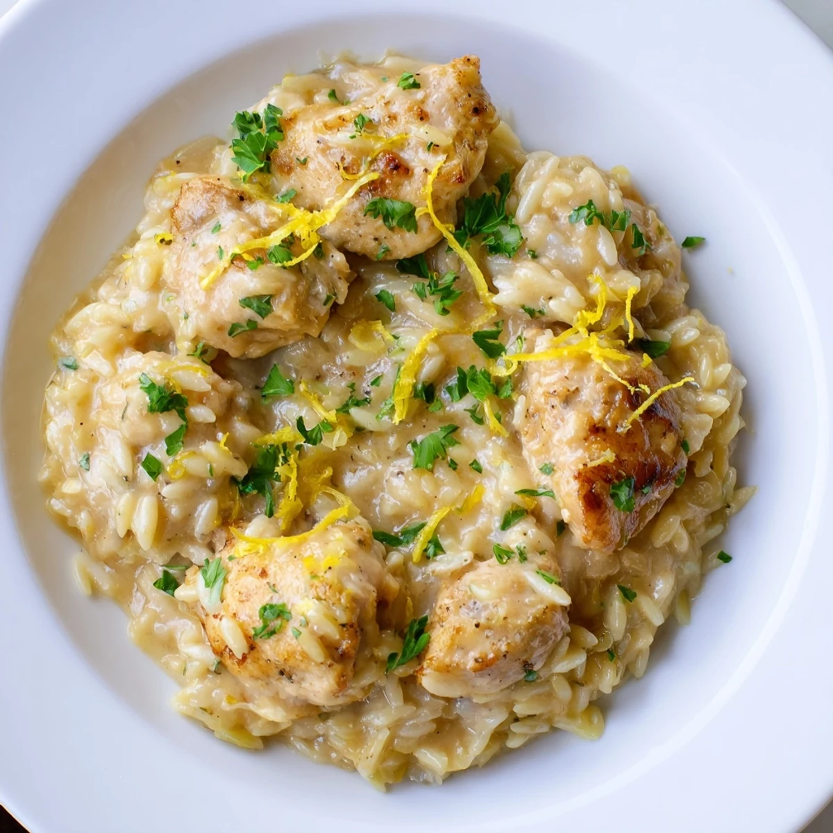Golden-brown, bite-sized chicken pieces in the creamy lemon orzo, ready for a delicious dinner.