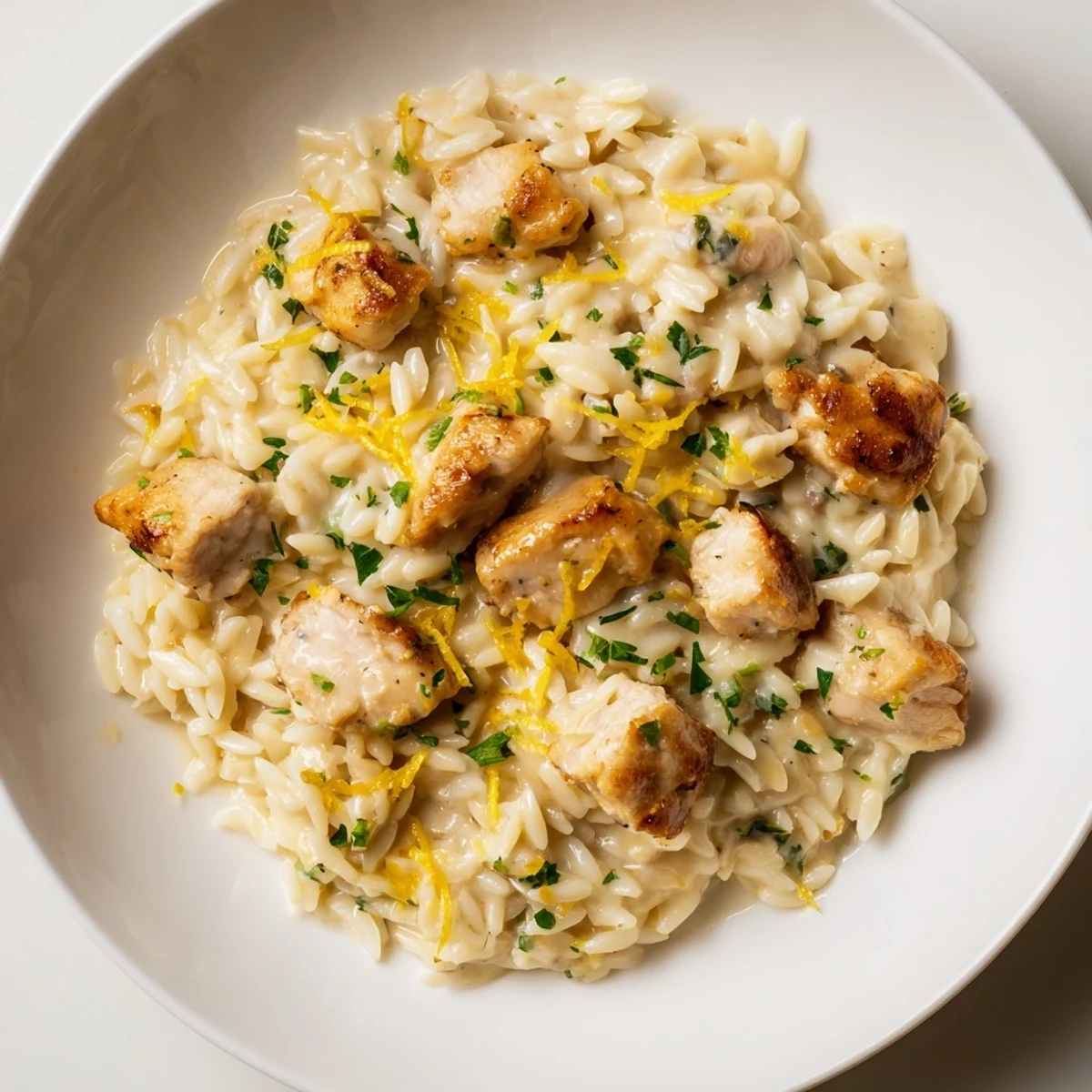 A flavorful spoonful of creamy lemon chicken orzo, topped with fresh herbs and Parmesan cheese.