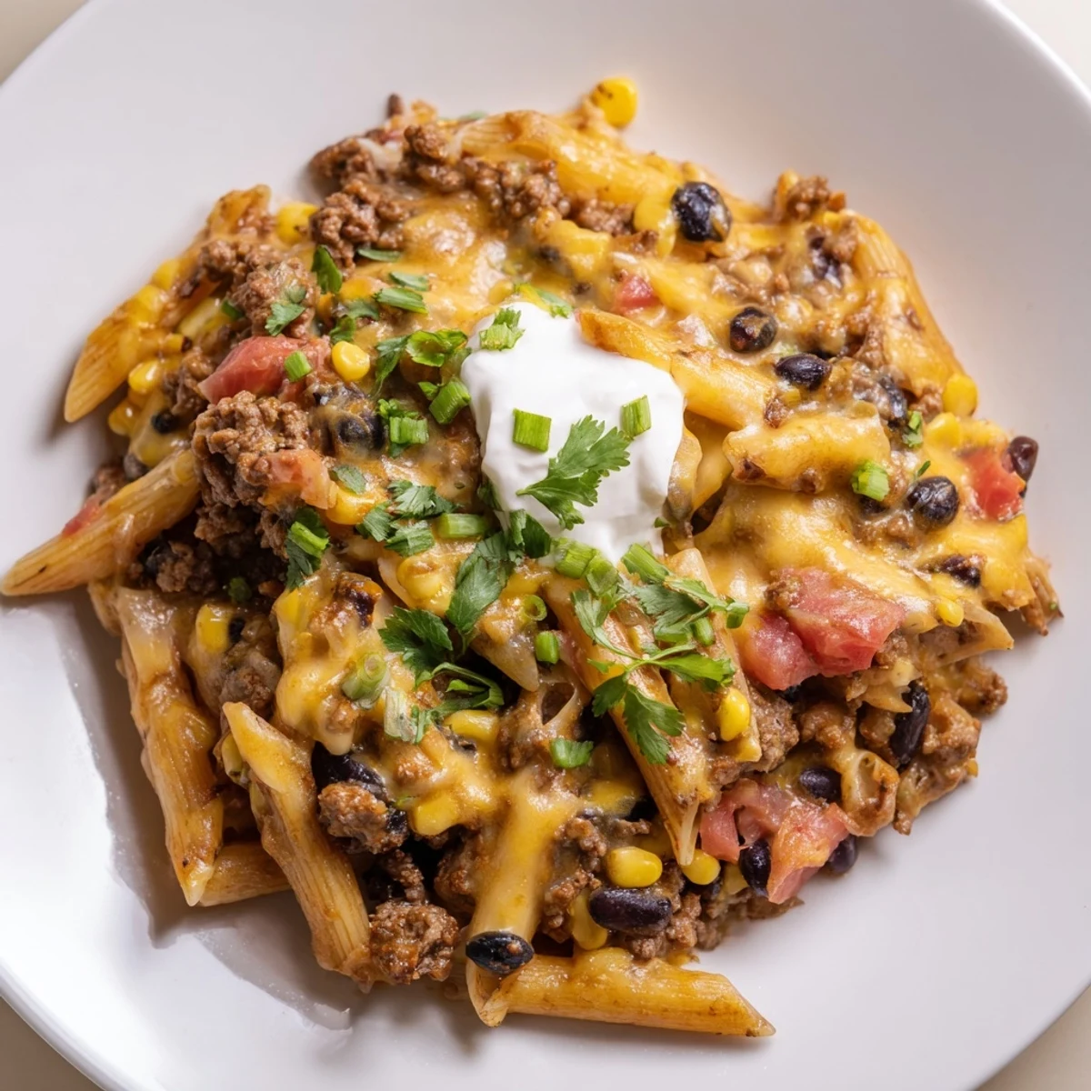 A close-up of creamy Cheesy Taco Pasta, garnished with cilantro, a comforting family favorite.