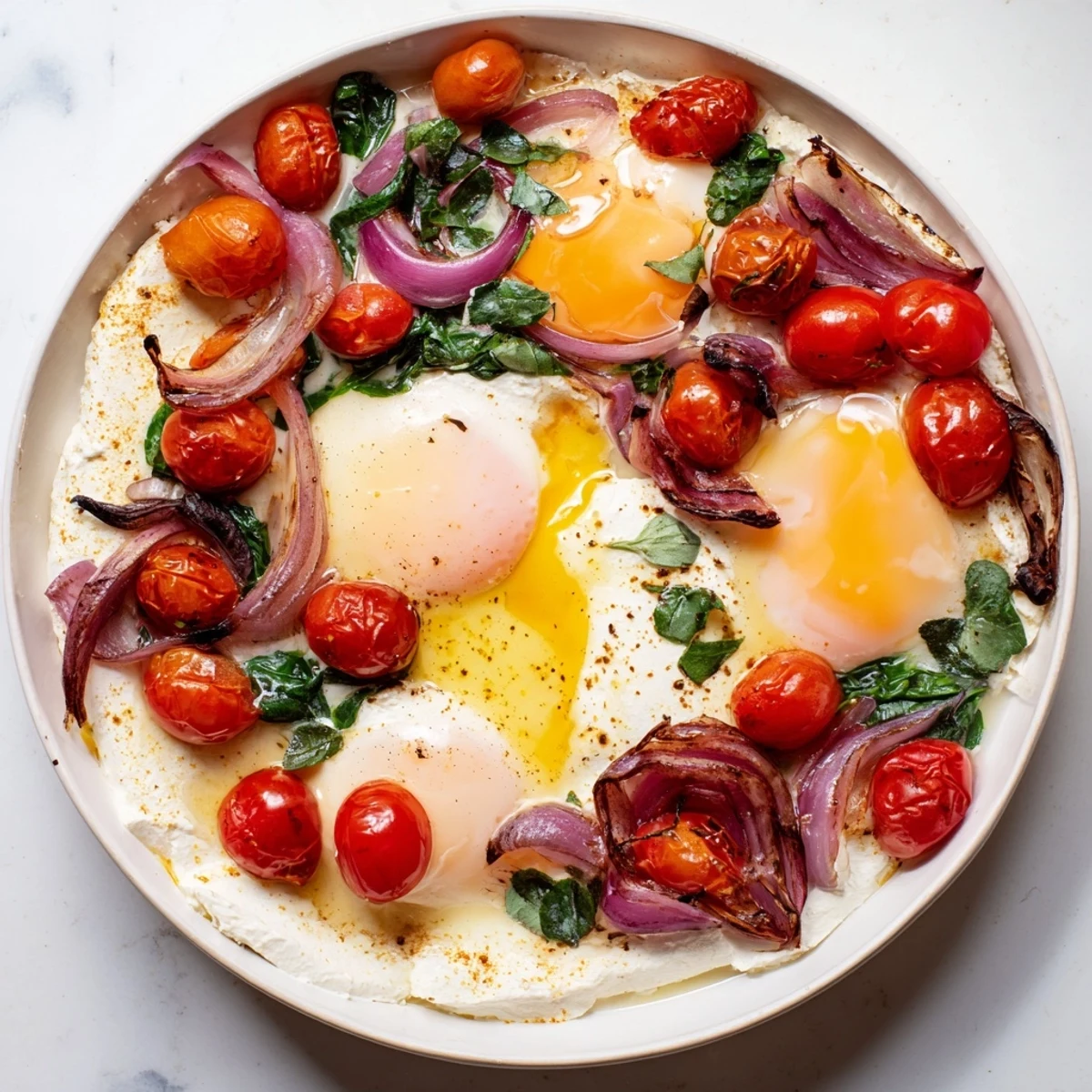Golden Baked Feta Eggs with runny yolks, vibrant tomatoes, and fresh herbs, ready to serve.