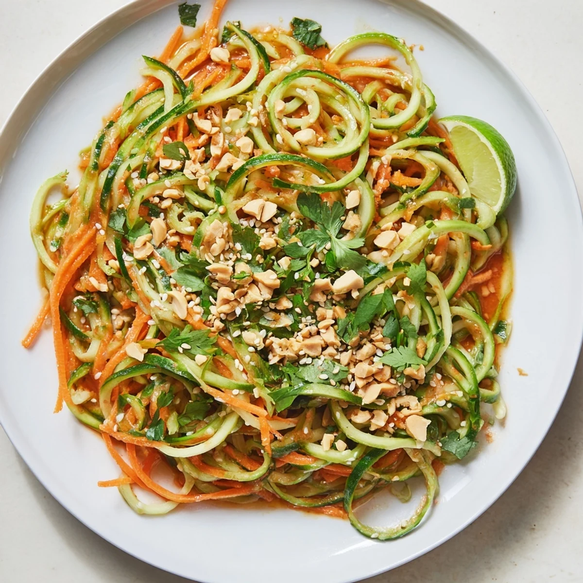Vibrant spicy cucumber noodle bowl, featuring spiralized cucumbers coated in a glistening, flavorful sauce.