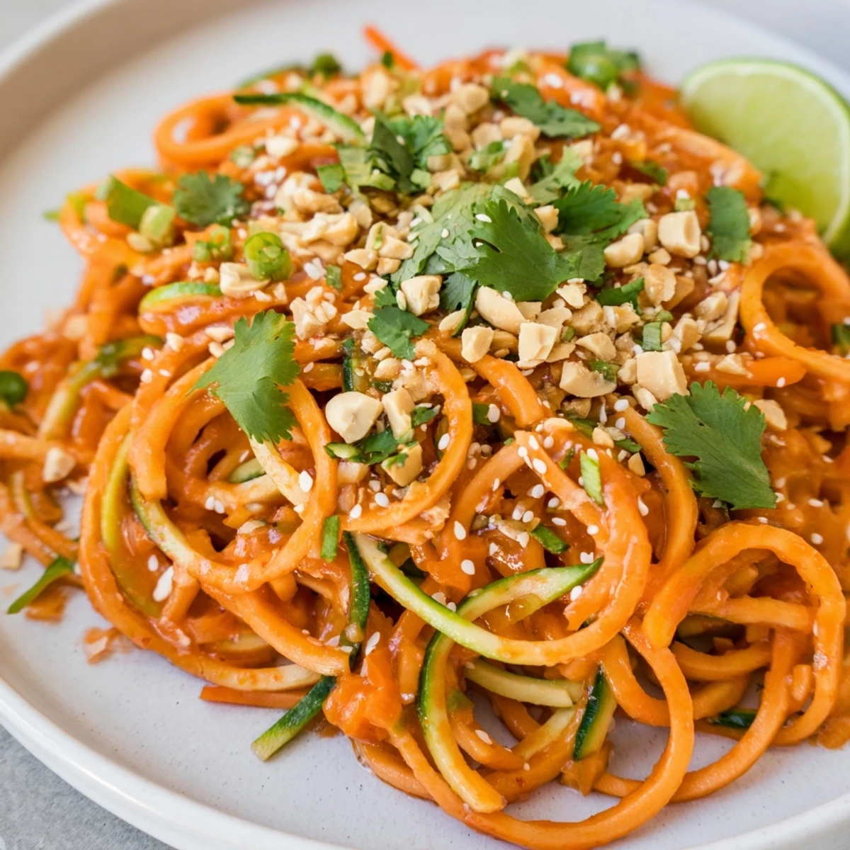 A close-up view of a refreshing spicy cucumber noodle bowl, ready to enjoy with added toppings.