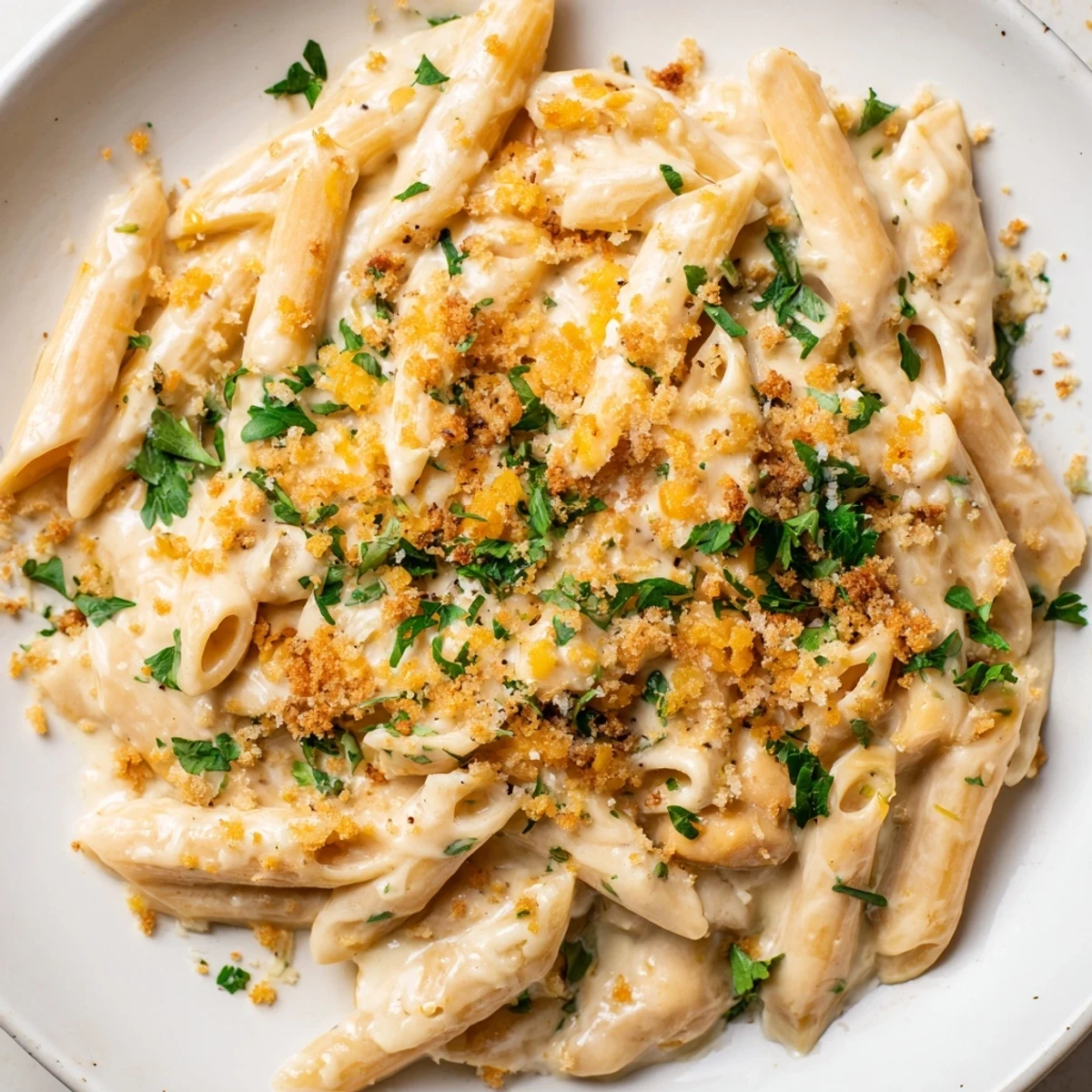 A warm, inviting image of high-protein mac & cheese, showing the silky cottage cheese sauce just being served.