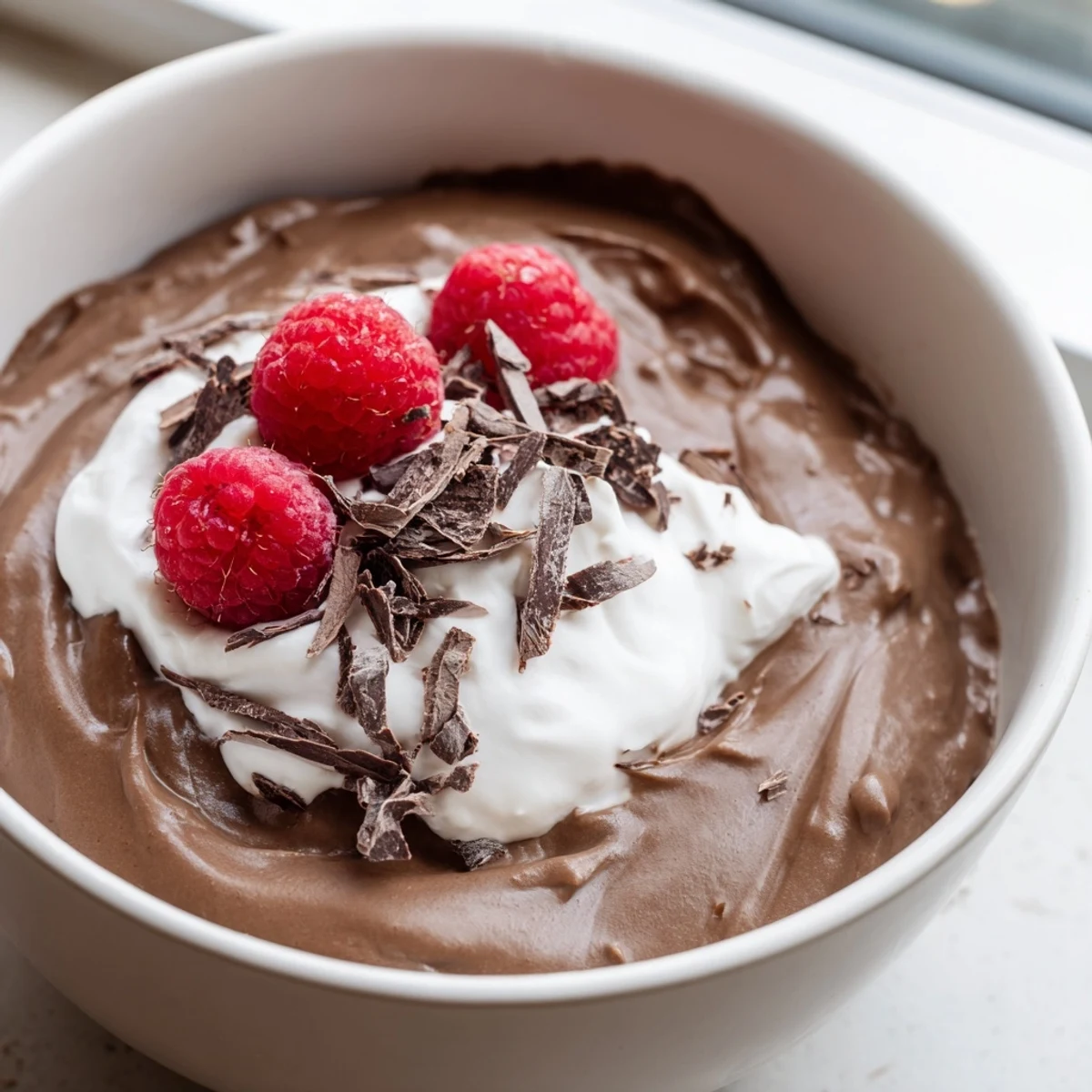 Creamy avocado chocolate pudding, chilled and topped with fresh berries, offers a delightful dessert.