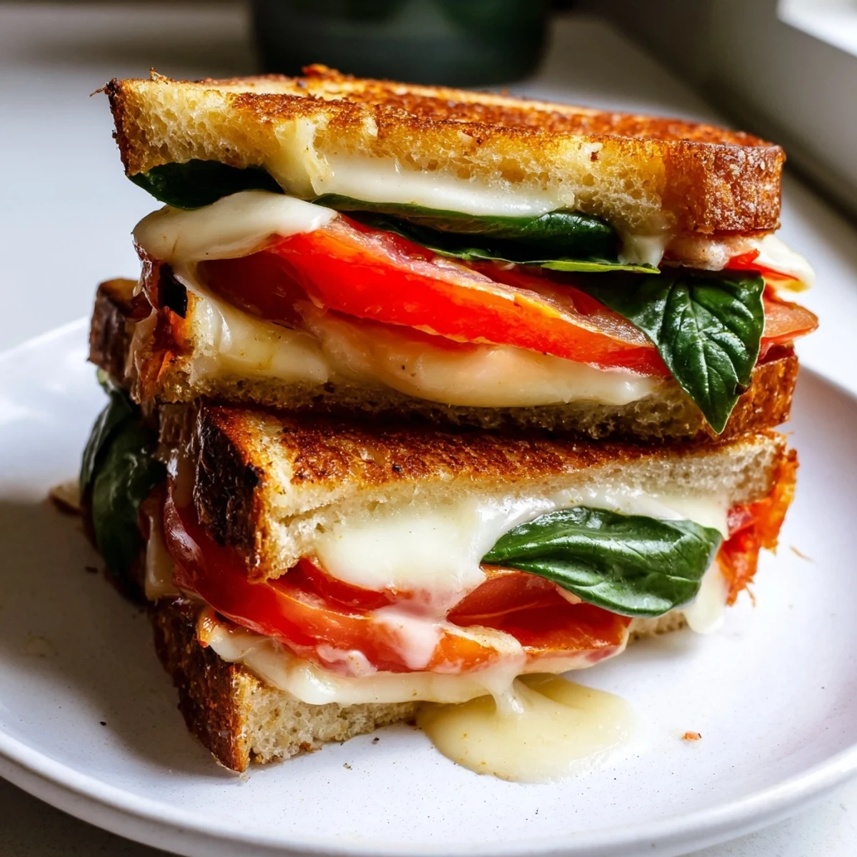 Golden-brown Tomato Basil Grilled Cheese, oozing melted cheese, filled with fresh tomato slices and fragrant basil.