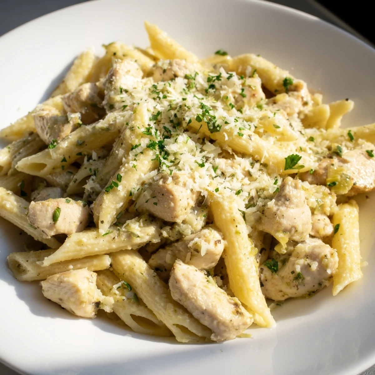Close-up of Quick Garlic Parmesan Chicken Pasta, a creamy, golden dish with fresh parsley.