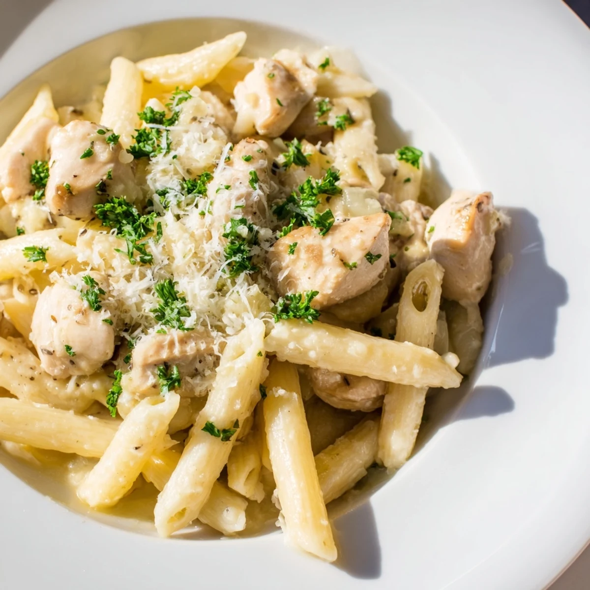 Flavorful Quick Garlic Parmesan Chicken Pasta: bite-sized chicken, tender pasta, and a rich, cheesy sauce.