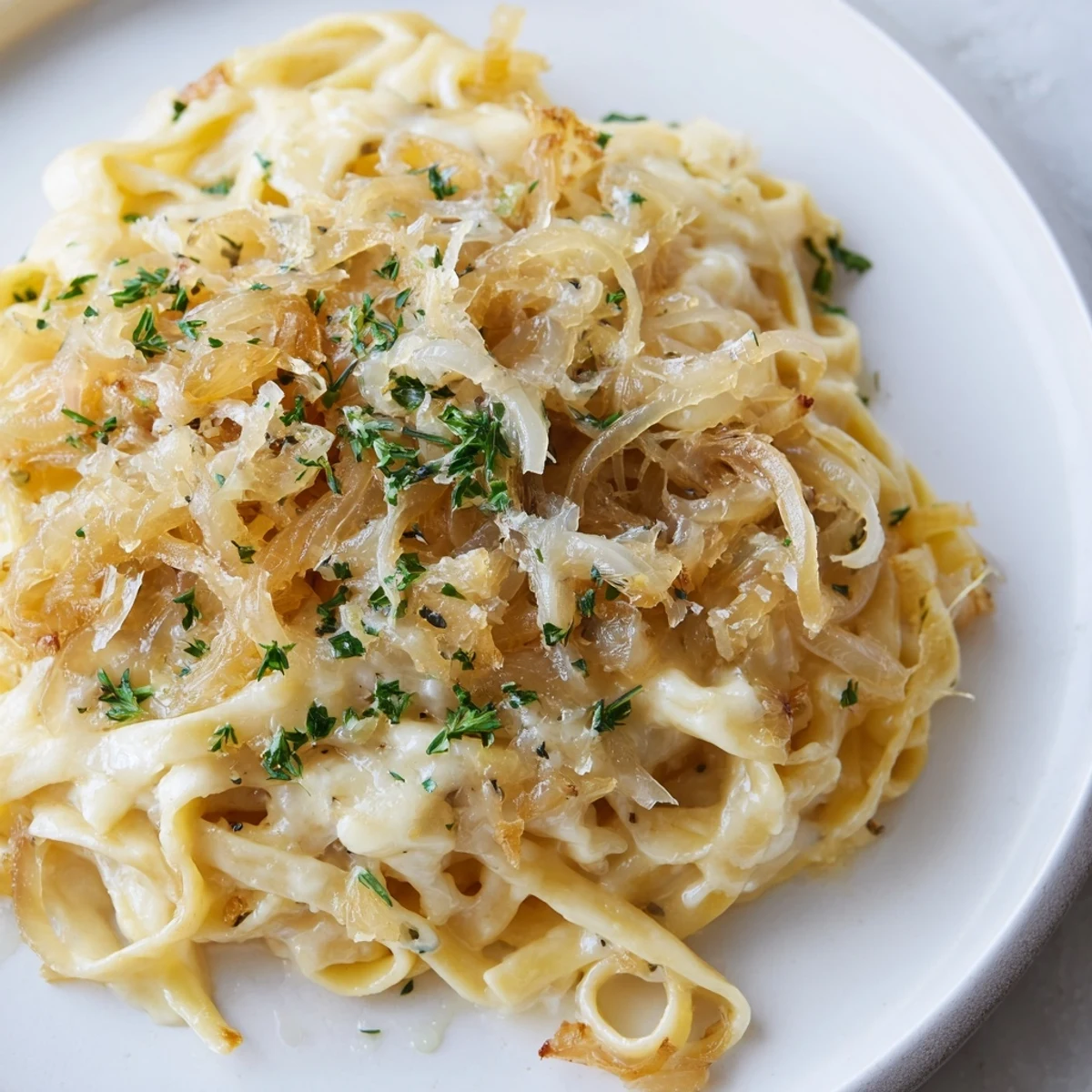 Golden caramelized onions bubbling in a skillet with the finished One-Pot French Onion Pasta.