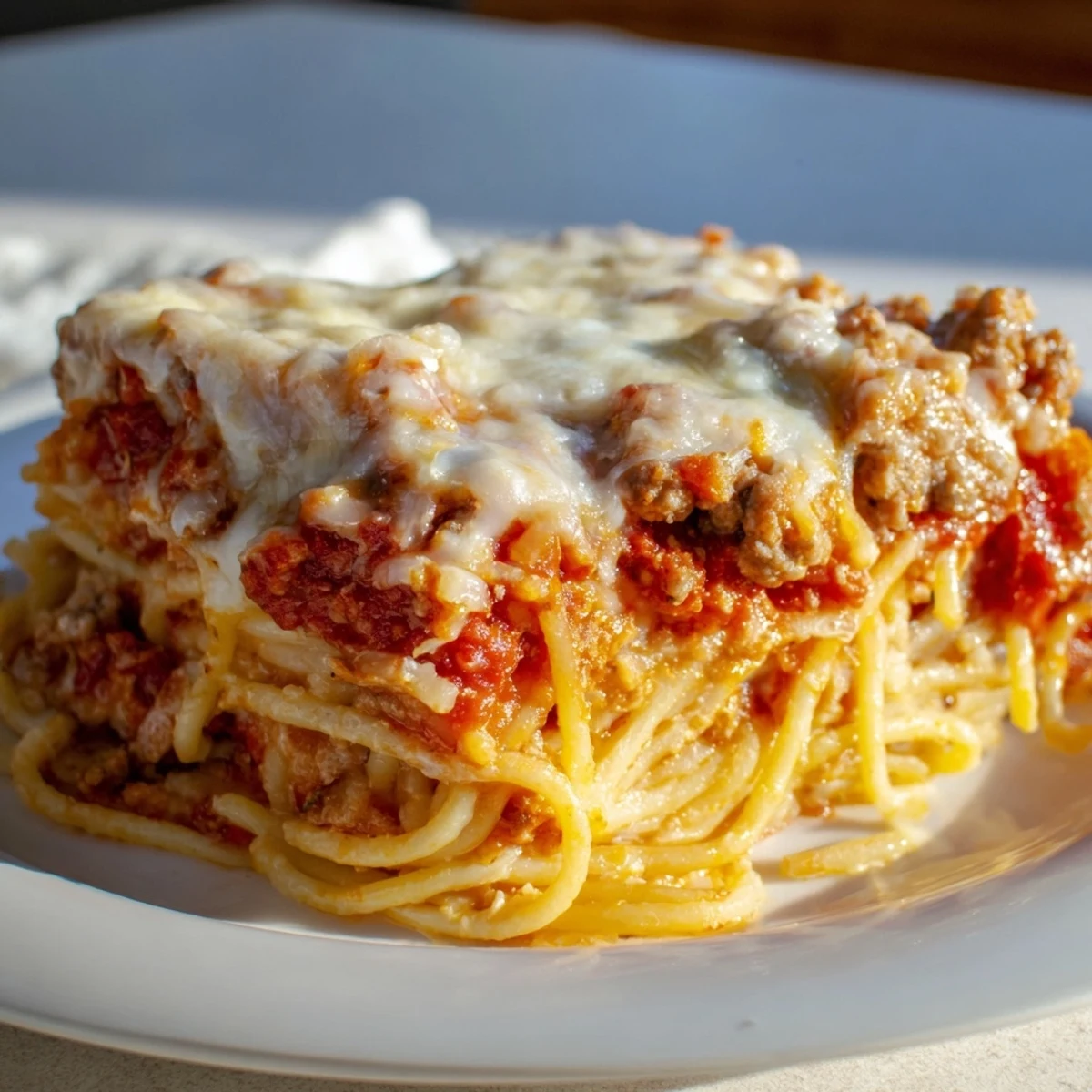 Golden, bubbly Million Dollar Spaghetti, a hearty baked pasta dish with a cheesy melted top.