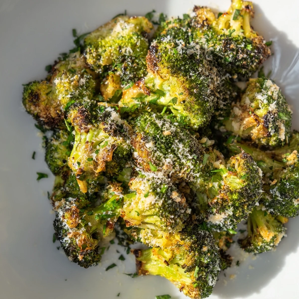 Golden Garlic Parmesan Roasted Broccoli, crispy edges, fresh parsley garnish, ready to serve as a side.