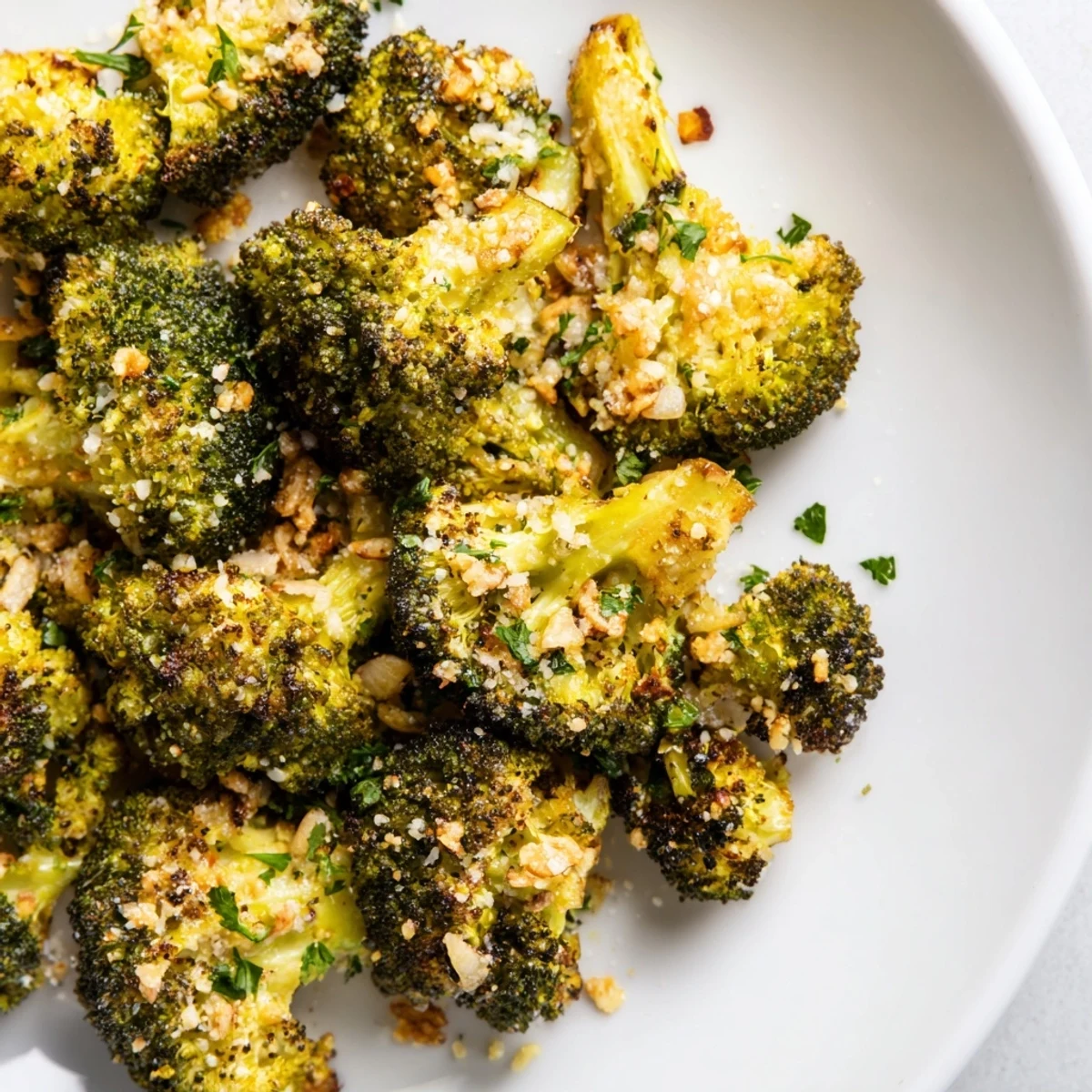 A close-up of Garlic Parmesan Roasted Broccoli featuring perfectly roasted, cheesy, delicious florets.