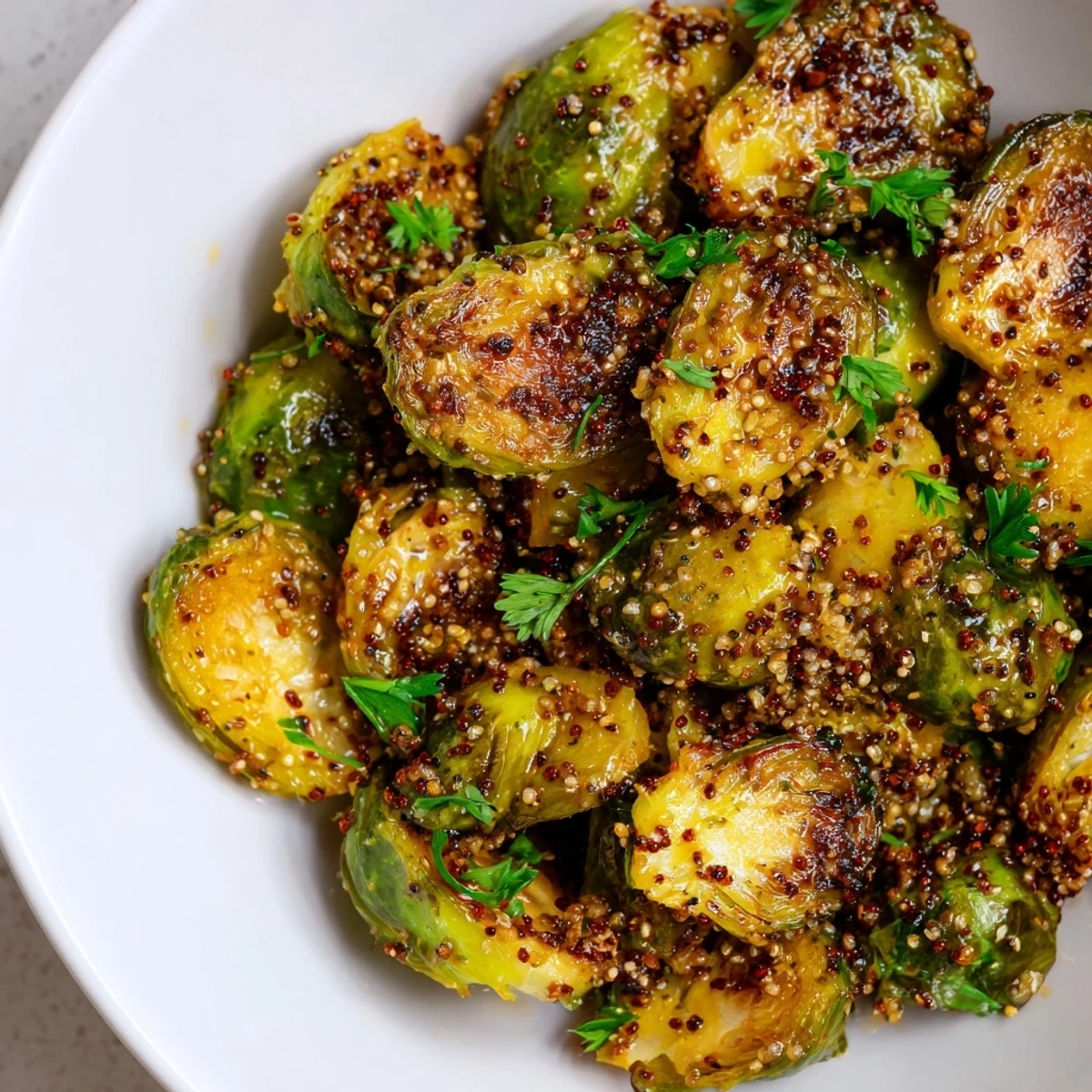 Honey Mustard Glazed Brussels Sprouts: Golden-brown roasted Brussels sprouts glistening with sweet and tangy glaze.