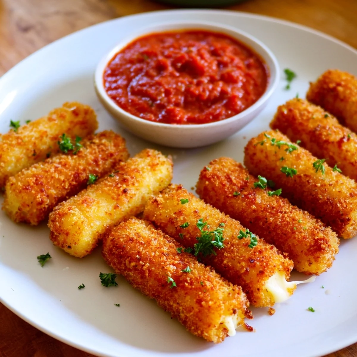 Golden, bubbly air fryer mozzarella sticks, ready to be dipped in warm marinara sauce.