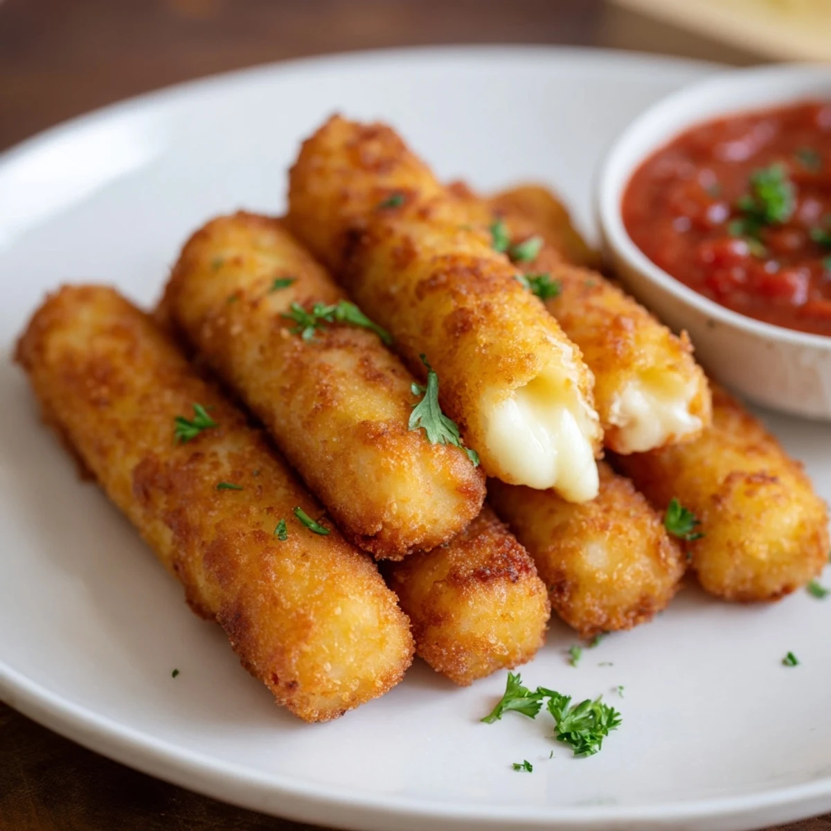 Quick and easy air fryer mozzarella sticks, served with marinara, offer a delightfully cheesy bite.