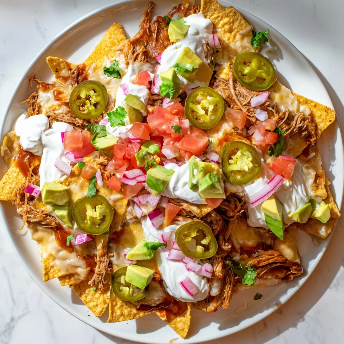 Loaded nachos with pulled pork, a messy pile of cheesy goodness ready to eat.