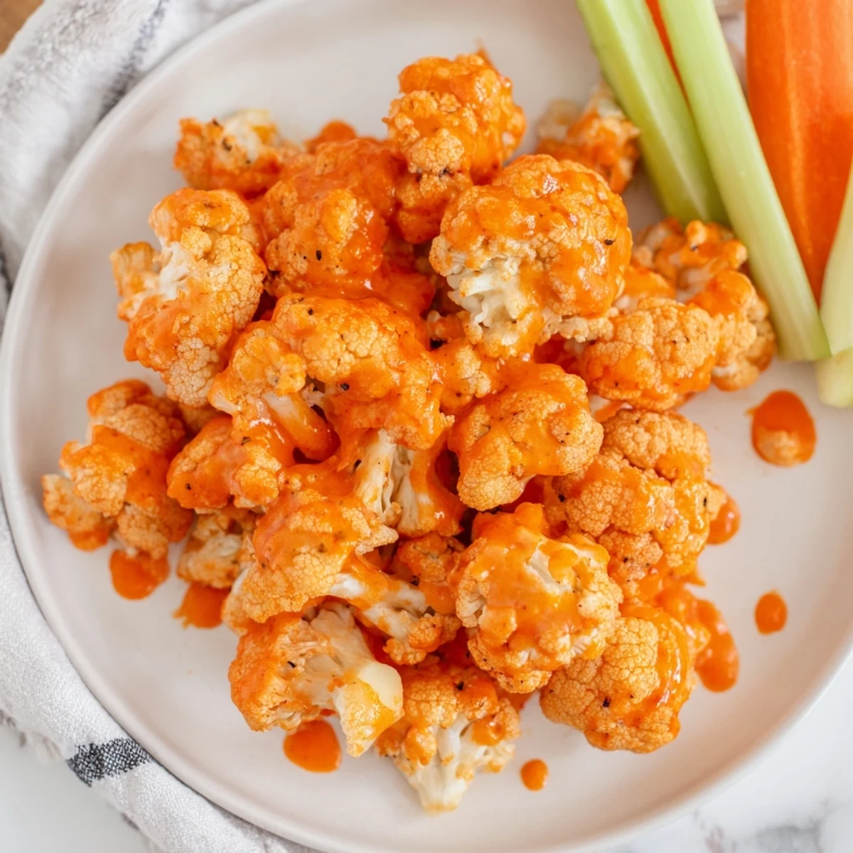Vibrant image of a party platter: Delicious buffalo cauliflower bites with cooling celery and blue cheese.