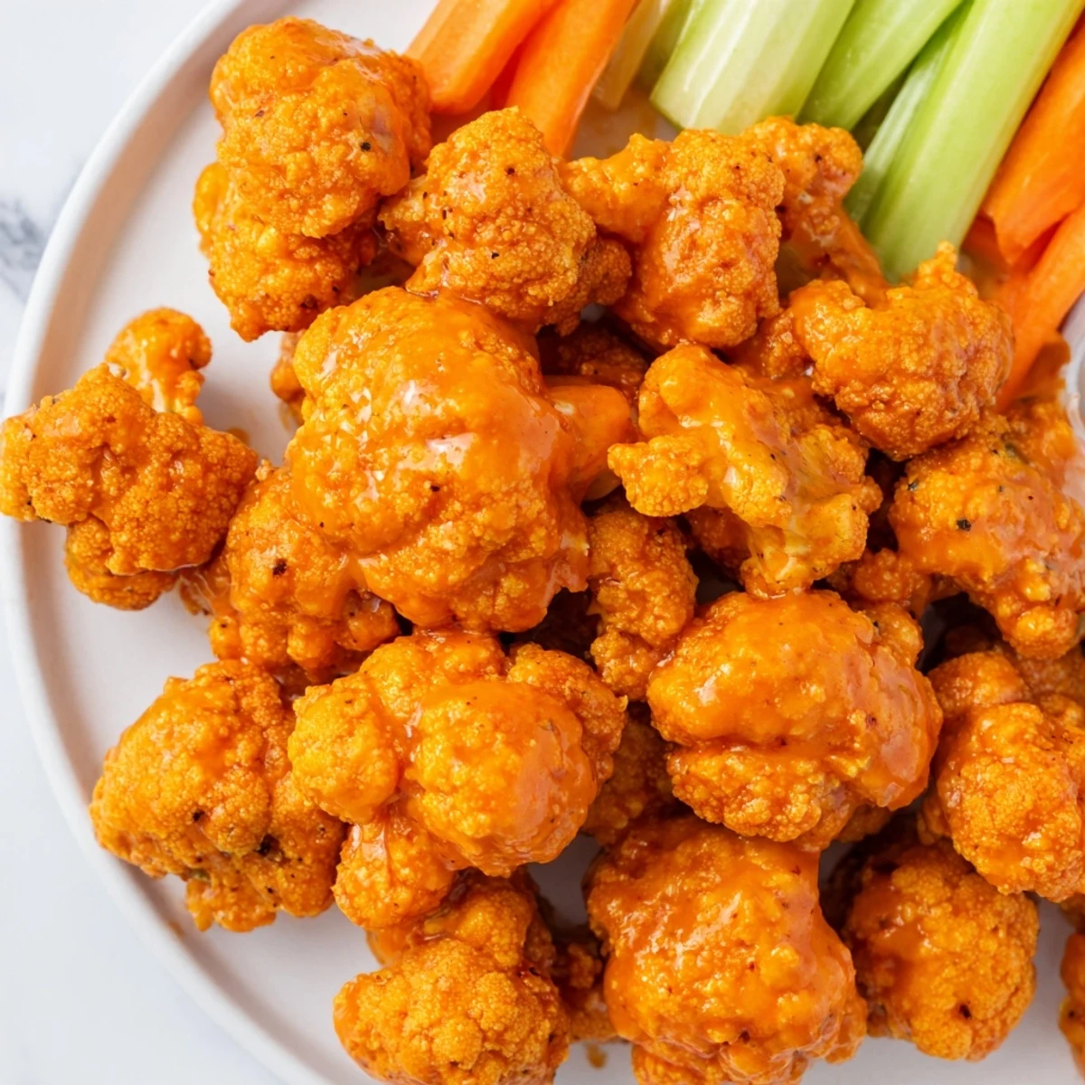 Hot and crispy buffalo cauliflower bites glistening with spicy buffalo sauce, served with carrot sticks.