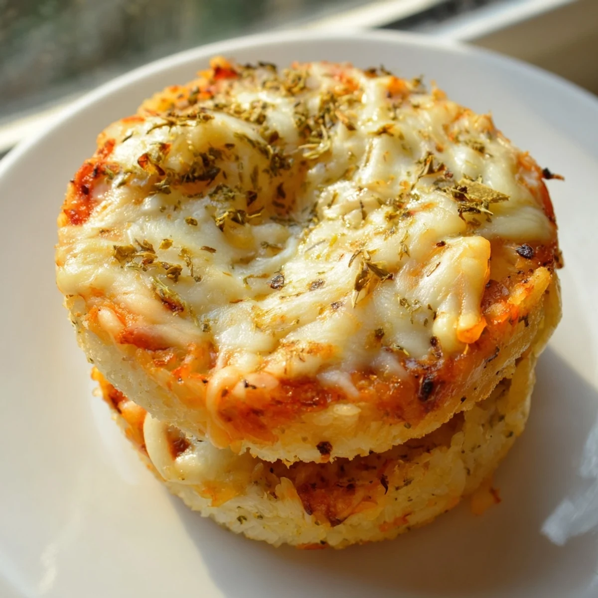 Crispy rice cake cheese stacks with golden, melty cheese and fresh parsley garnish on a baking sheet.