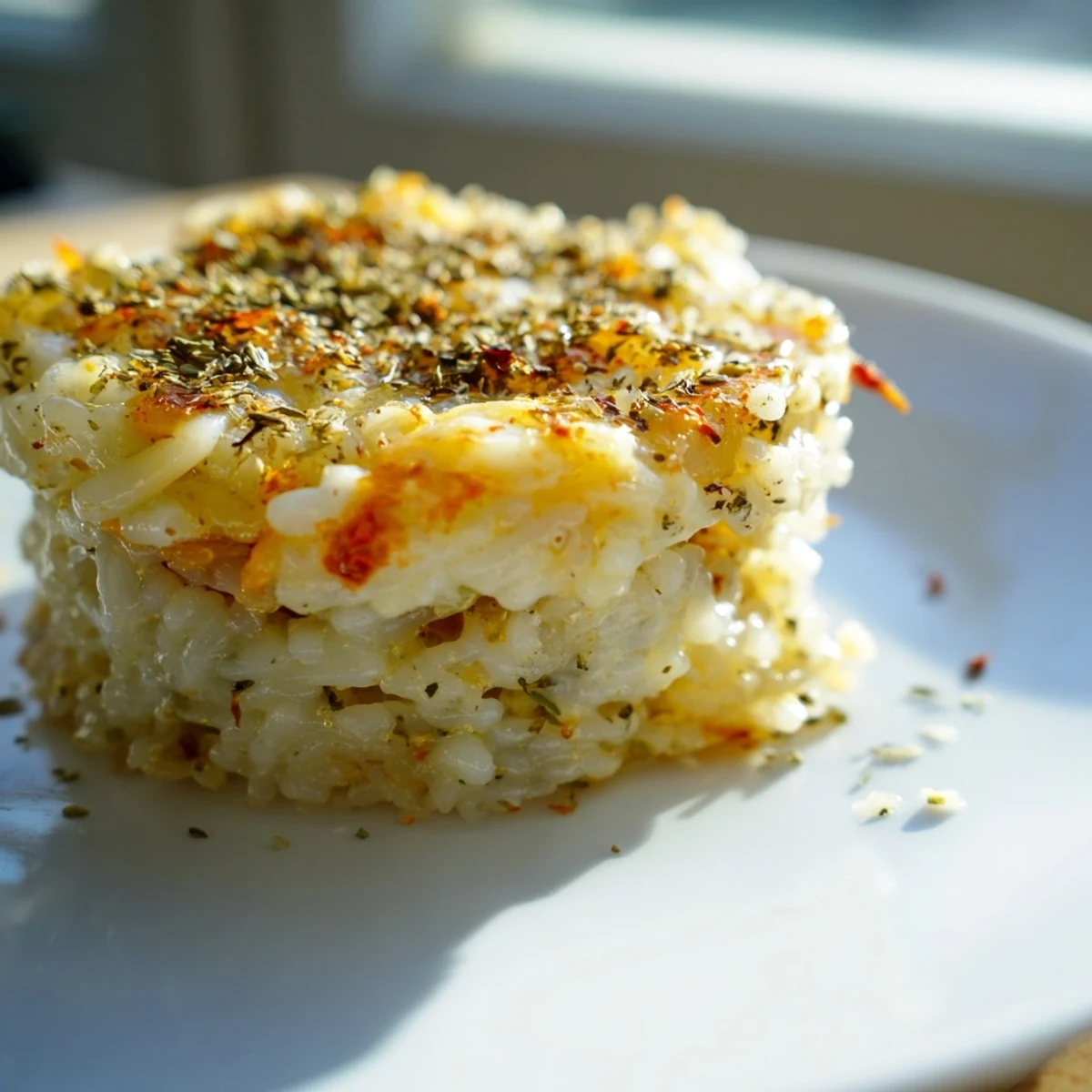 Golden Crispy rice cake cheese stacks served with marinara dipping sauce, perfect for a savory vegetarian snack.