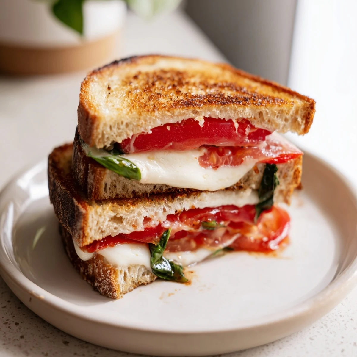 Golden Panini Press Innovations sandwich with melty mozzarella and tomato on toasted sourdough.