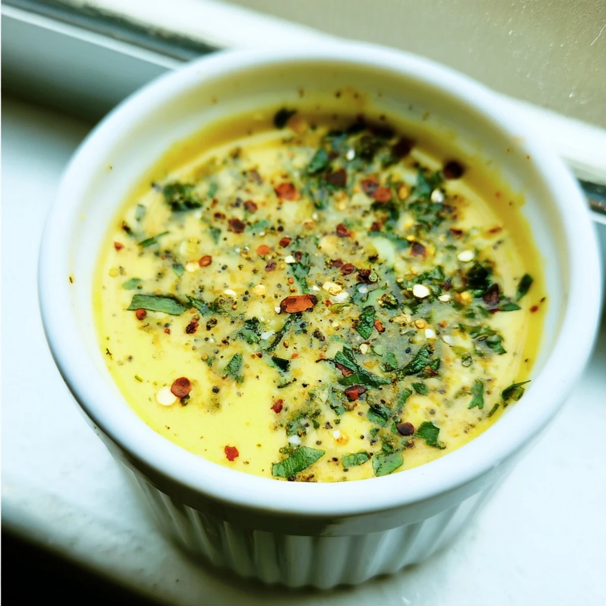 Creamy Cowboy Butter Sauce steaming in a small bowl, flecked with fresh herbs and lemon zest for dipping steak or vegetables.