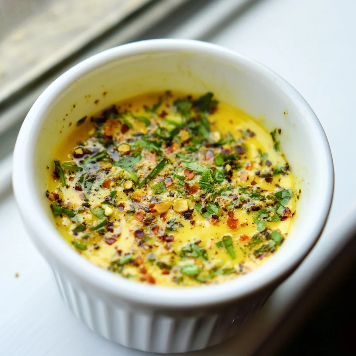 A spoon lifting rich Cowboy Butter Sauce with parsley and chives, ideal for seafood or crusty bread dipping.
