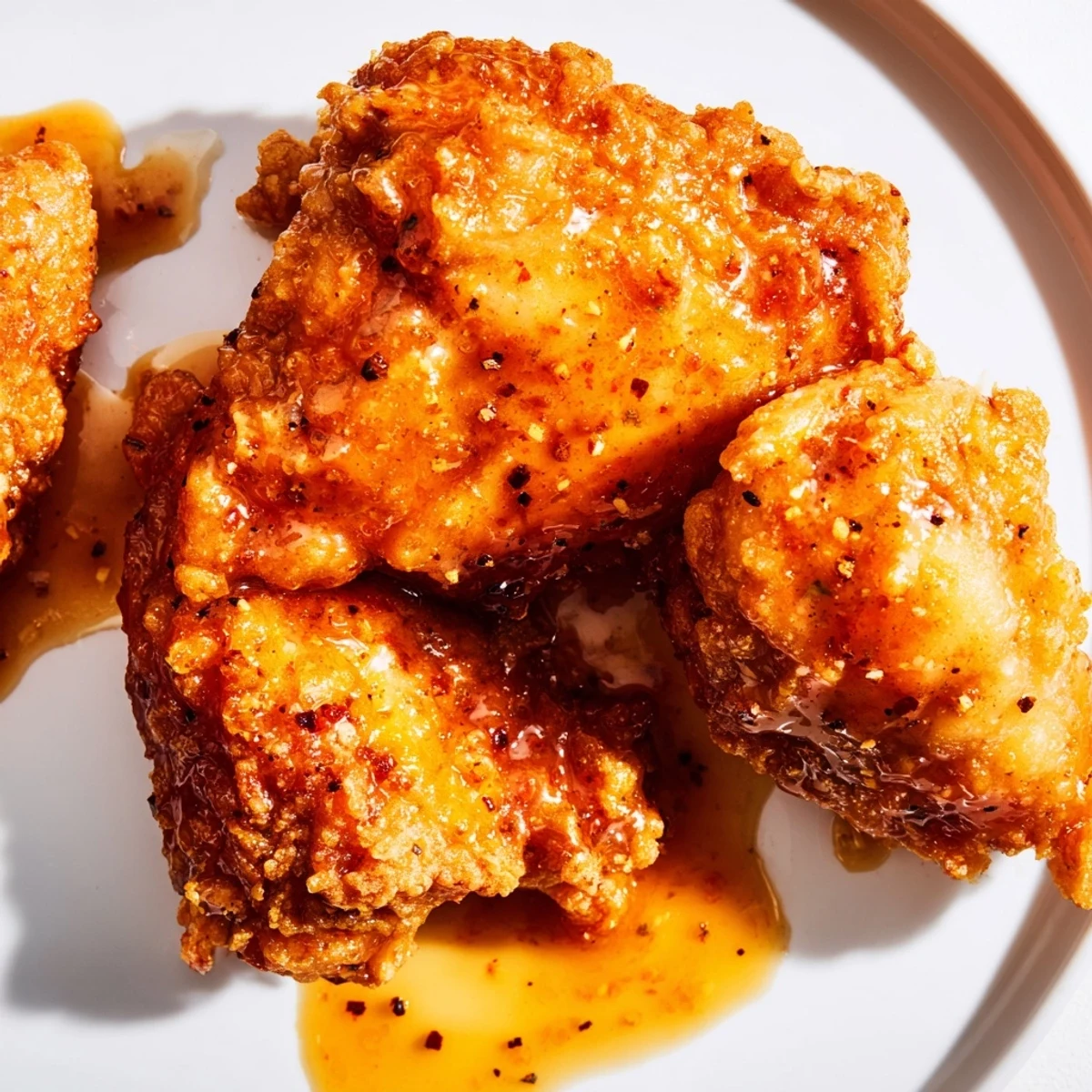 Golden-brown, crispy fried chicken thighs are generously drizzled with a vibrant, sticky hot honey butter sauce, creating a beautiful glossy finish.  