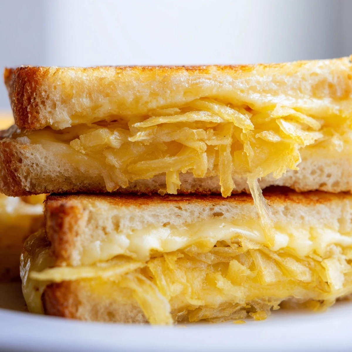 A perfectly toasted sandwich cut in half, revealing layers of gooey melted cheese and crispy fried onion filling on a plate.  