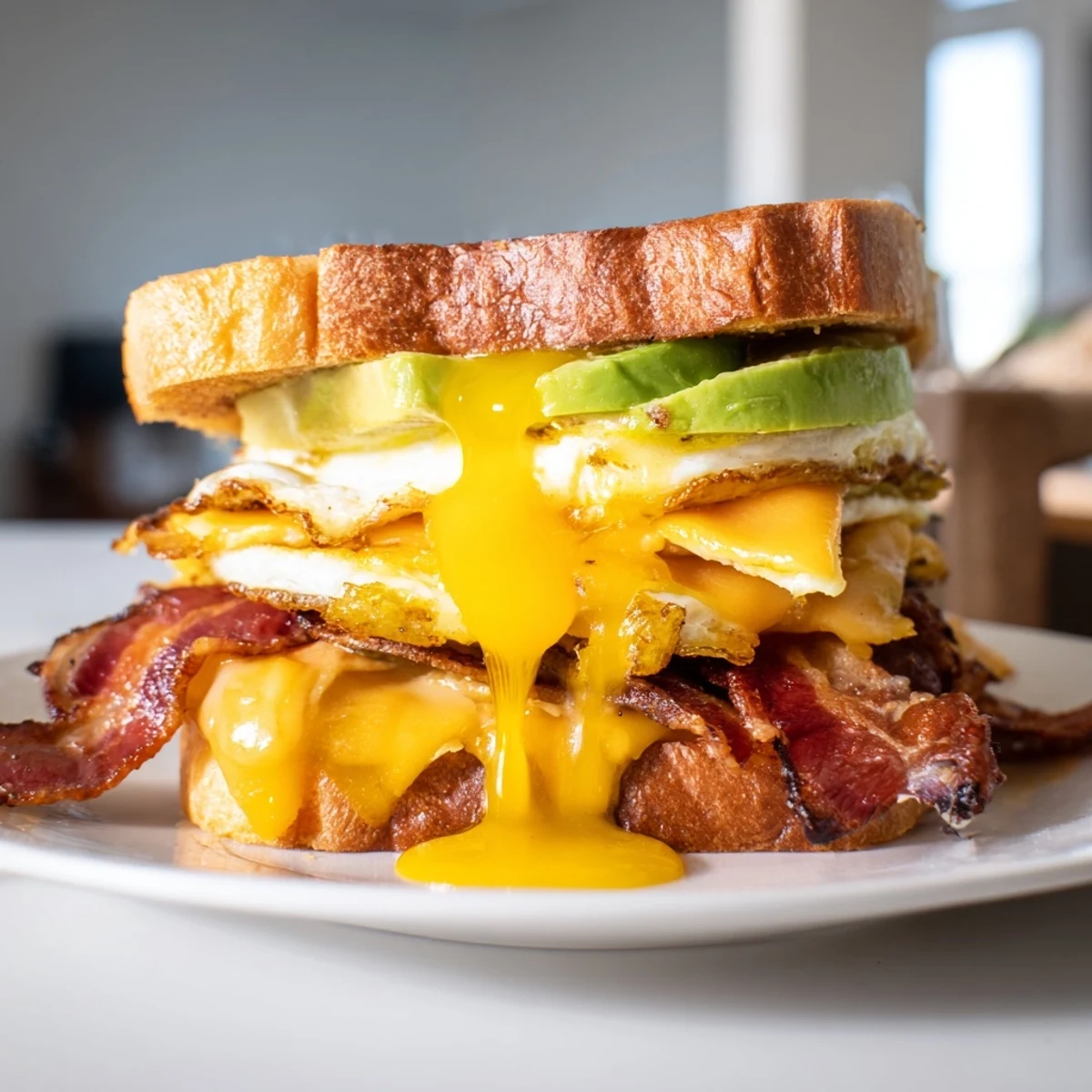Layered loaded breakfast sandwich featuring melted cheddar, ripe avocado slices, and crispy bacon nestled between buttery toasted sourdough.