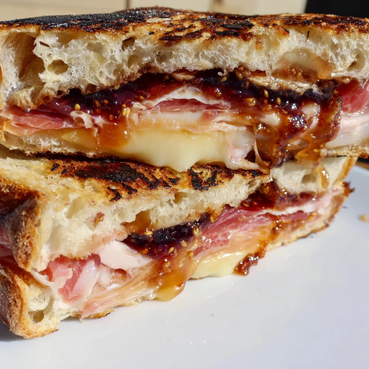 Freshly sliced Crispy Prosciutto & Fig Panini served warm, featuring golden bread, melted fontina, and a drizzle of fig jam.