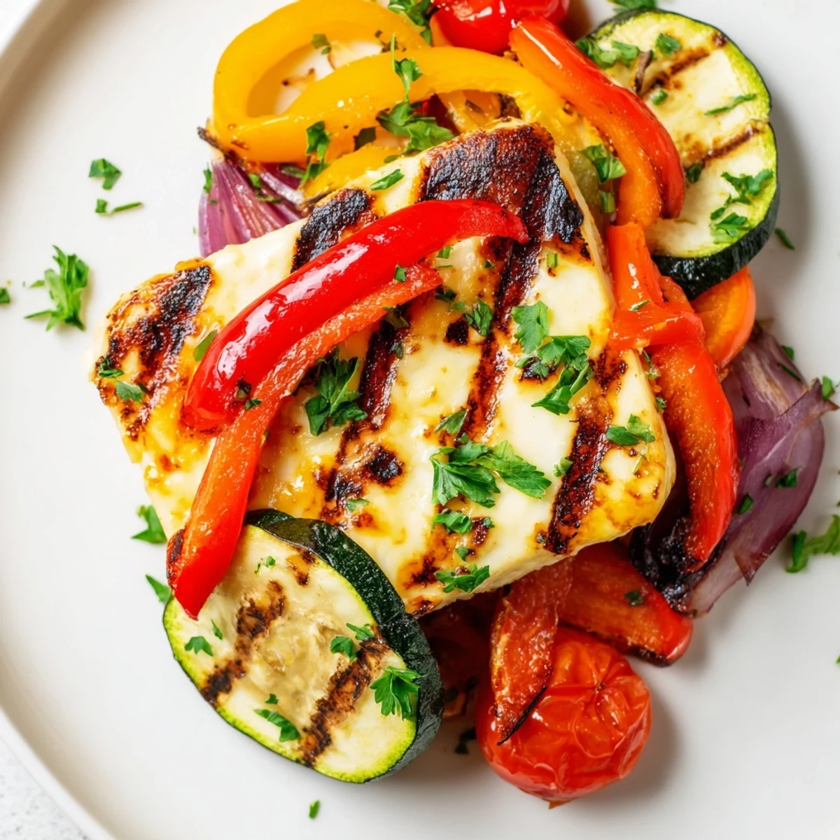 Grilled Halloumi Cheese Steak with charred peppers and zucchini on a platter.