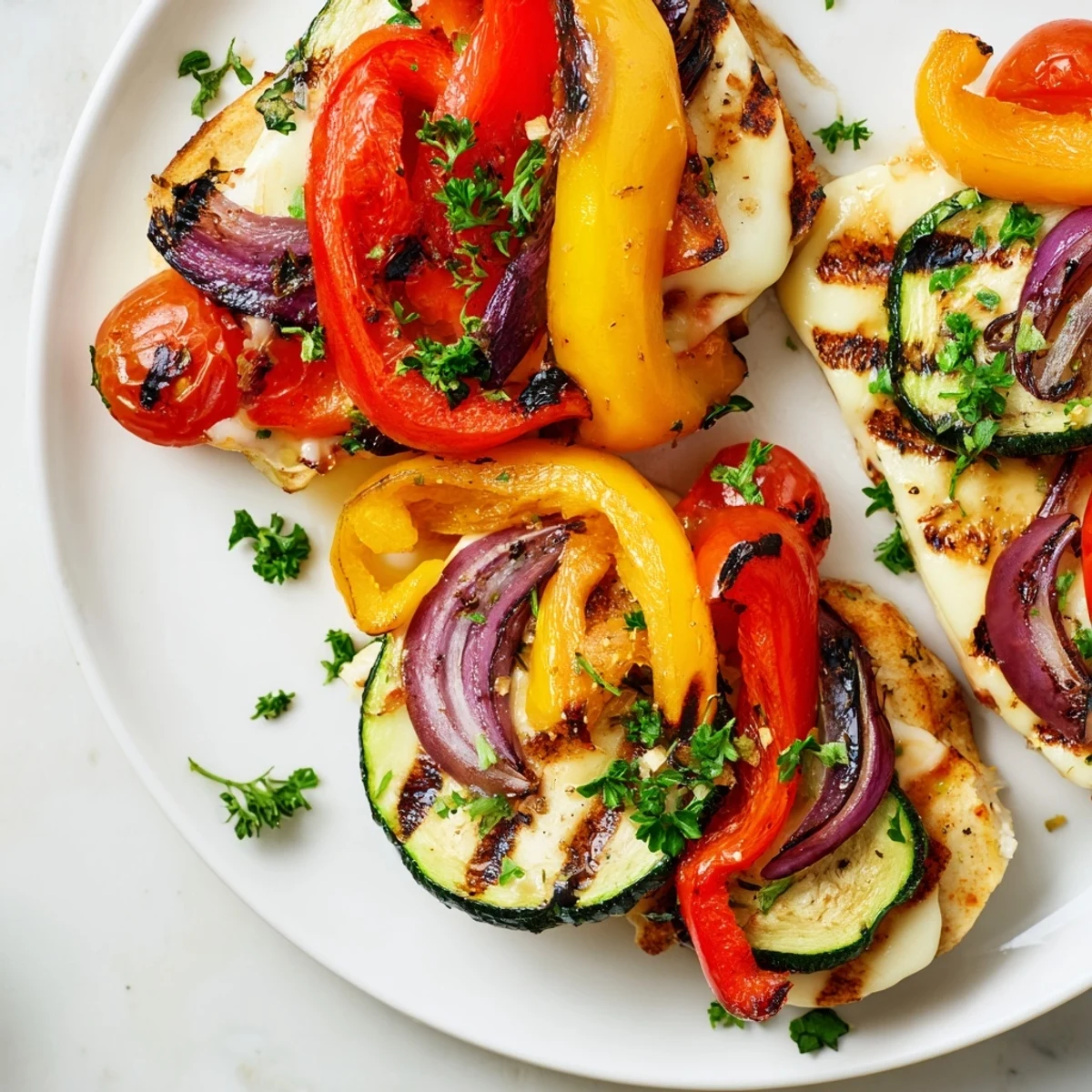 A close-up of juicy halloumi and vibrant grilled vegetables, served with lemon.