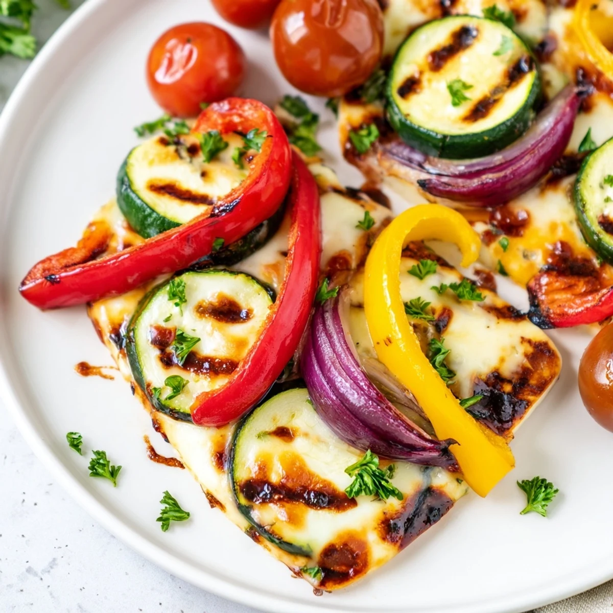 Golden halloumi steaks topped with fresh vegetables and parsley garnish.