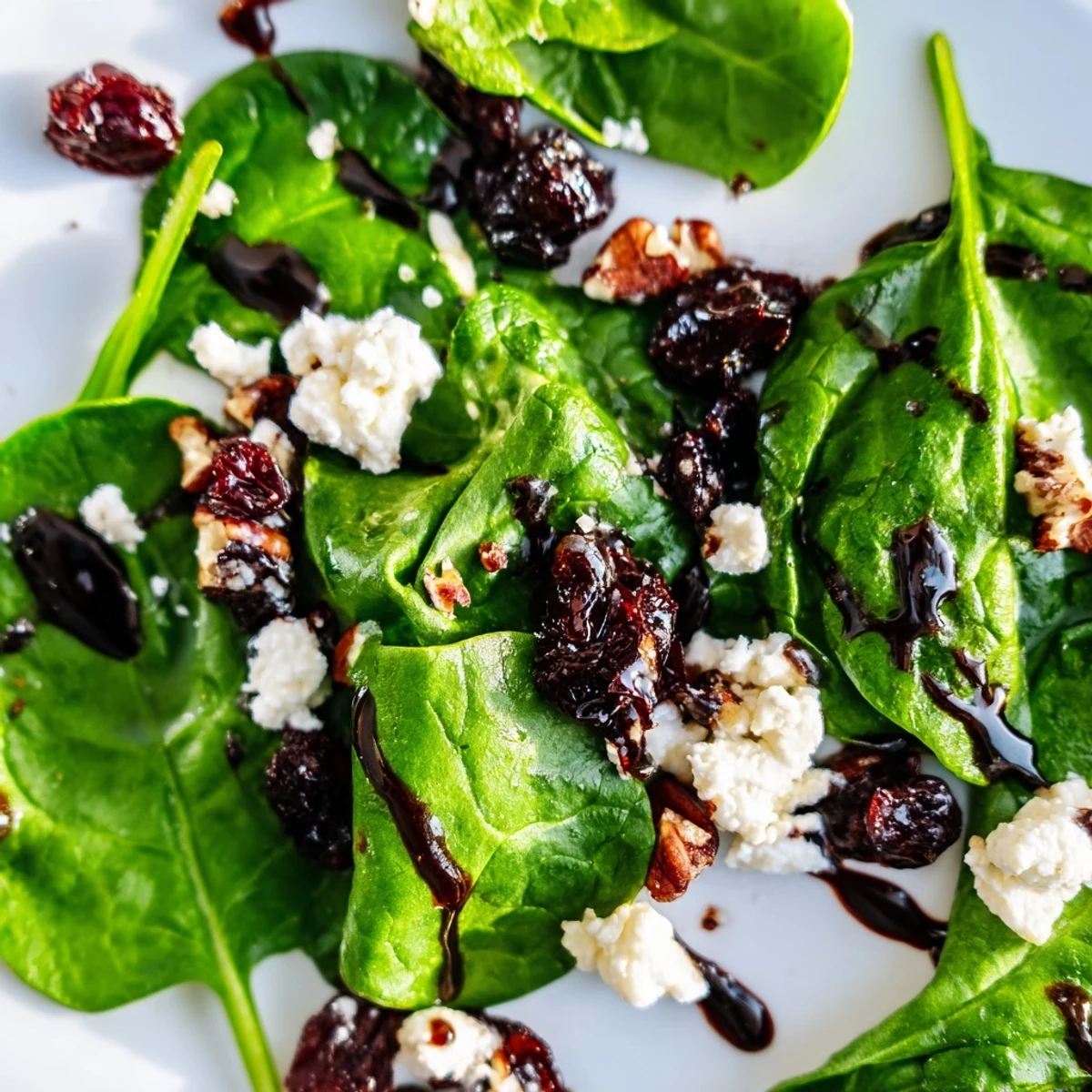 Fresh baby spinach leaves topped with creamy crumbled goat cheese, dried cranberries, and crunchy candied pecans in a spinach goat cheese salad.  