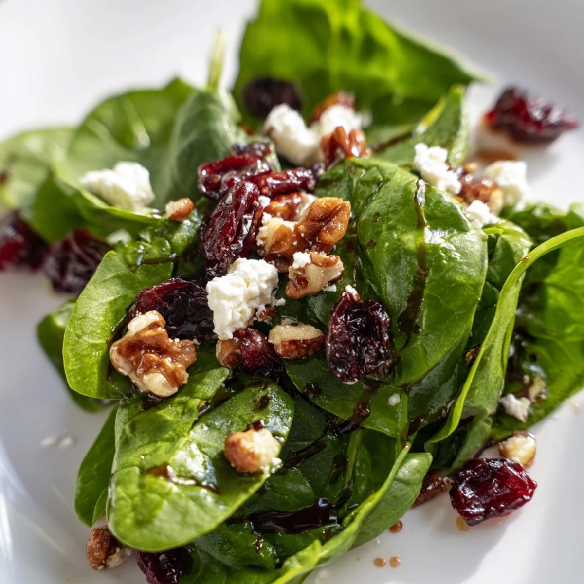 Tender spinach, sweet dried cranberries, and candied pecans combine with goat cheese in a colorful spinach goat cheese salad for a healthy bite.