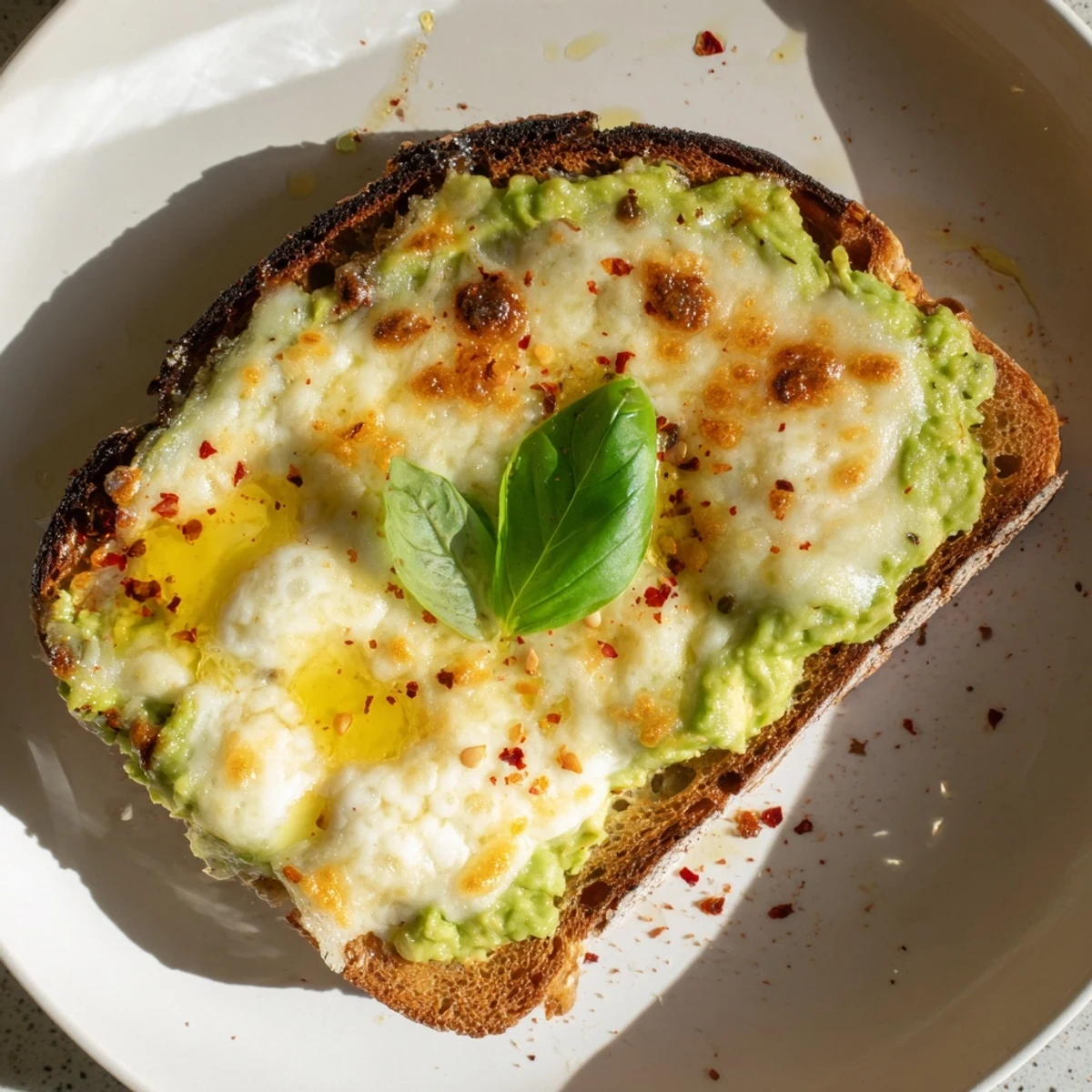 Golden melted mozzarella bubbles over creamy smashed avocado on crisp, toasted sourdough in this vibrant Avocado Mozzarella Tartine.