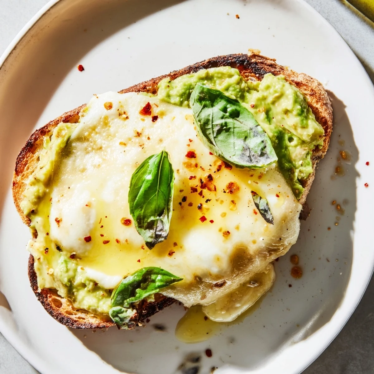 Warm, toasty bread holds creamy smashed avocado and melted mozzarella, finished with olive oil and fresh basil for this Avocado Mozzarella Tartine.