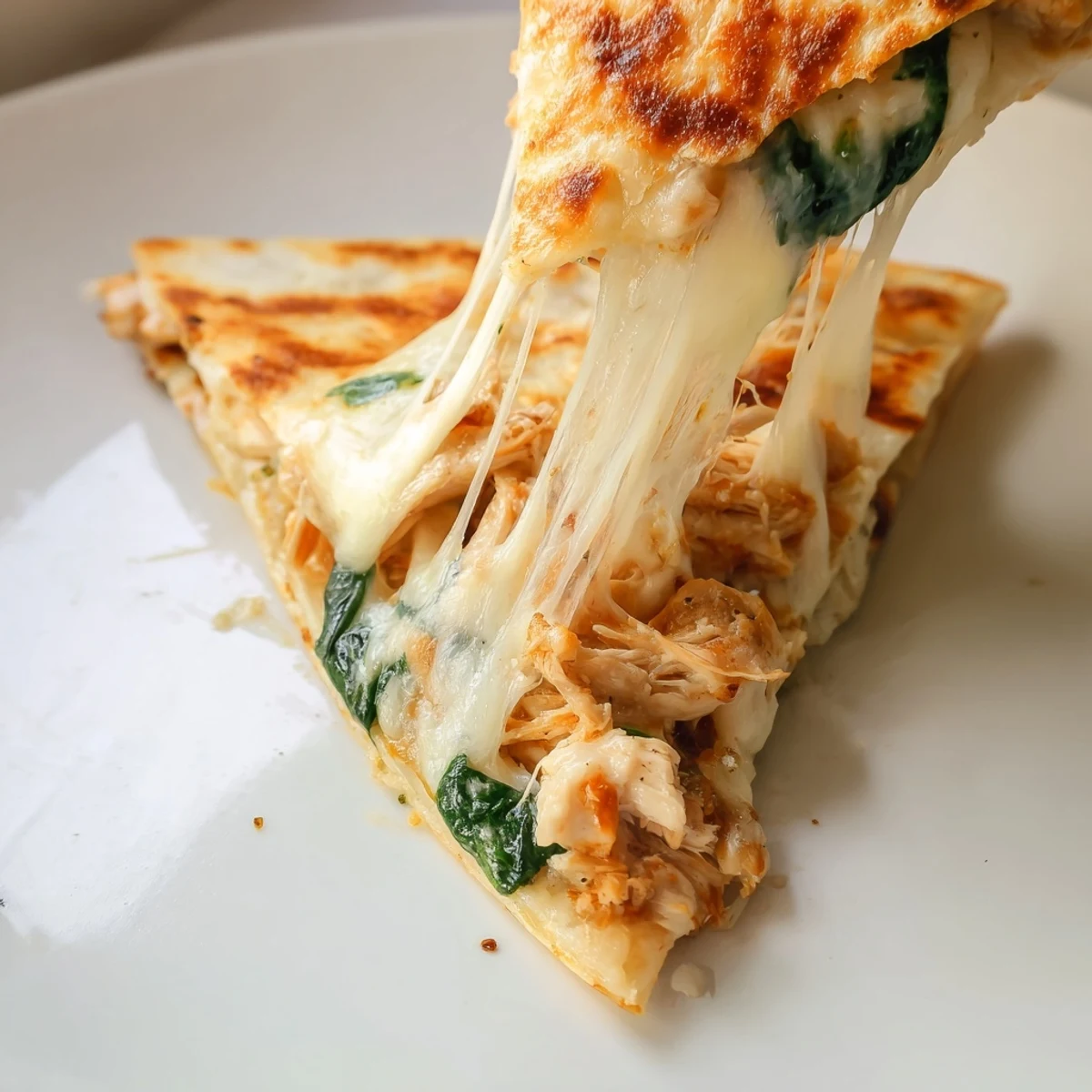 A golden, crispy Chicken and Spinach Quesadilla filled with melted mozzarella, served with sour cream and fresh salsa on the side.  