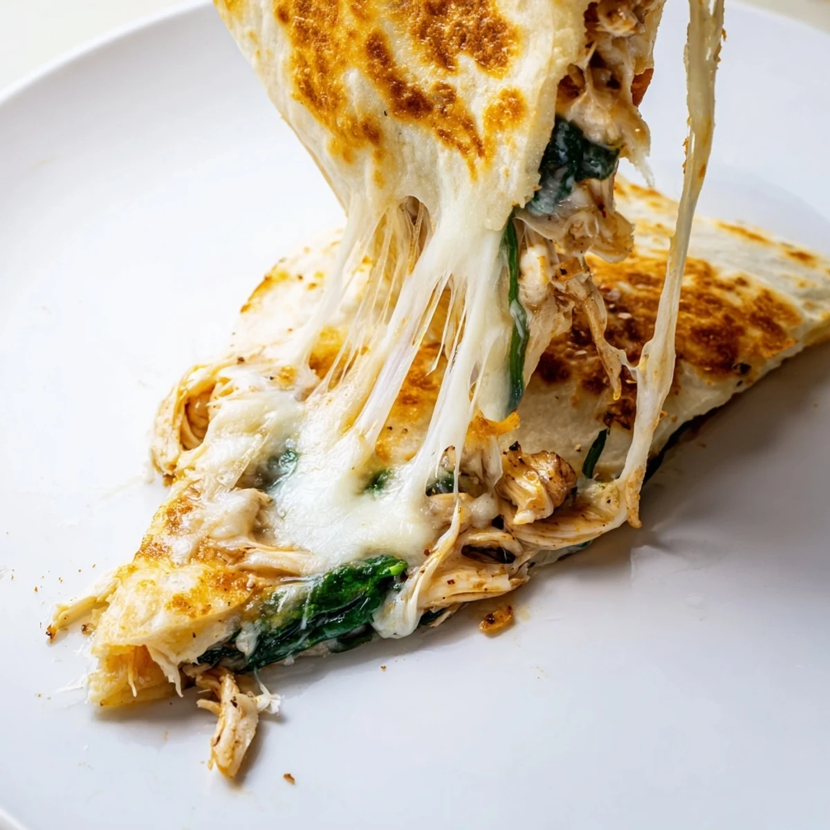 A close-up view of a warm Chicken and Spinach Quesadilla wedge, revealing tender spinach, juicy chicken, and gooey cheese inside.  