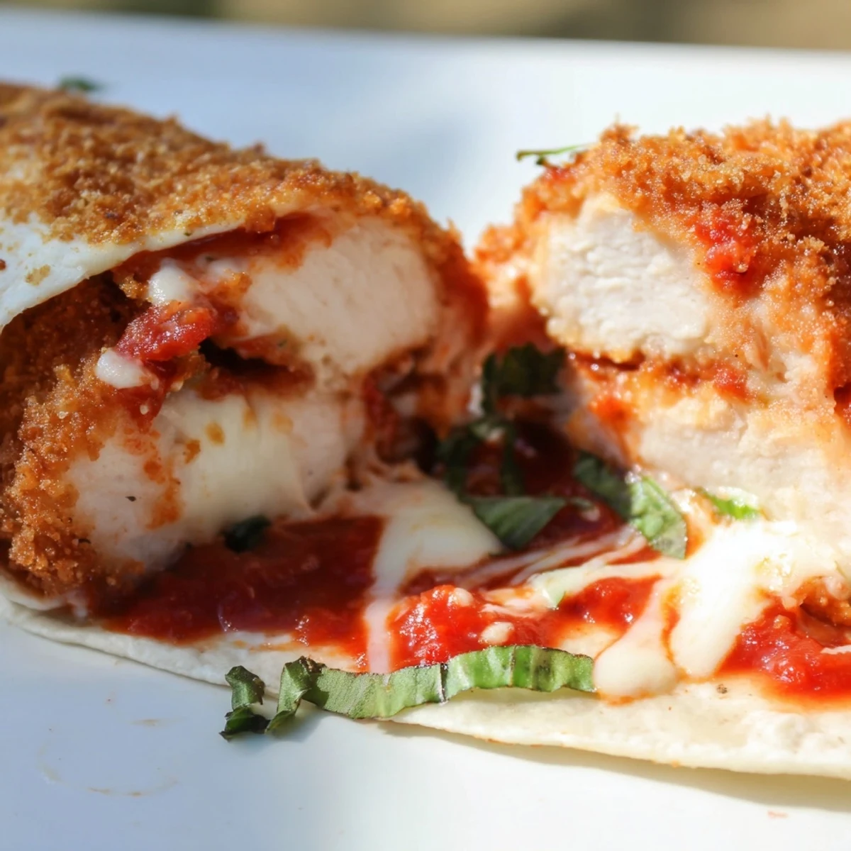 Golden, crispy breaded chicken cutlet nestled in a warm flour tortilla with rich marinara sauce and melted mozzarella.